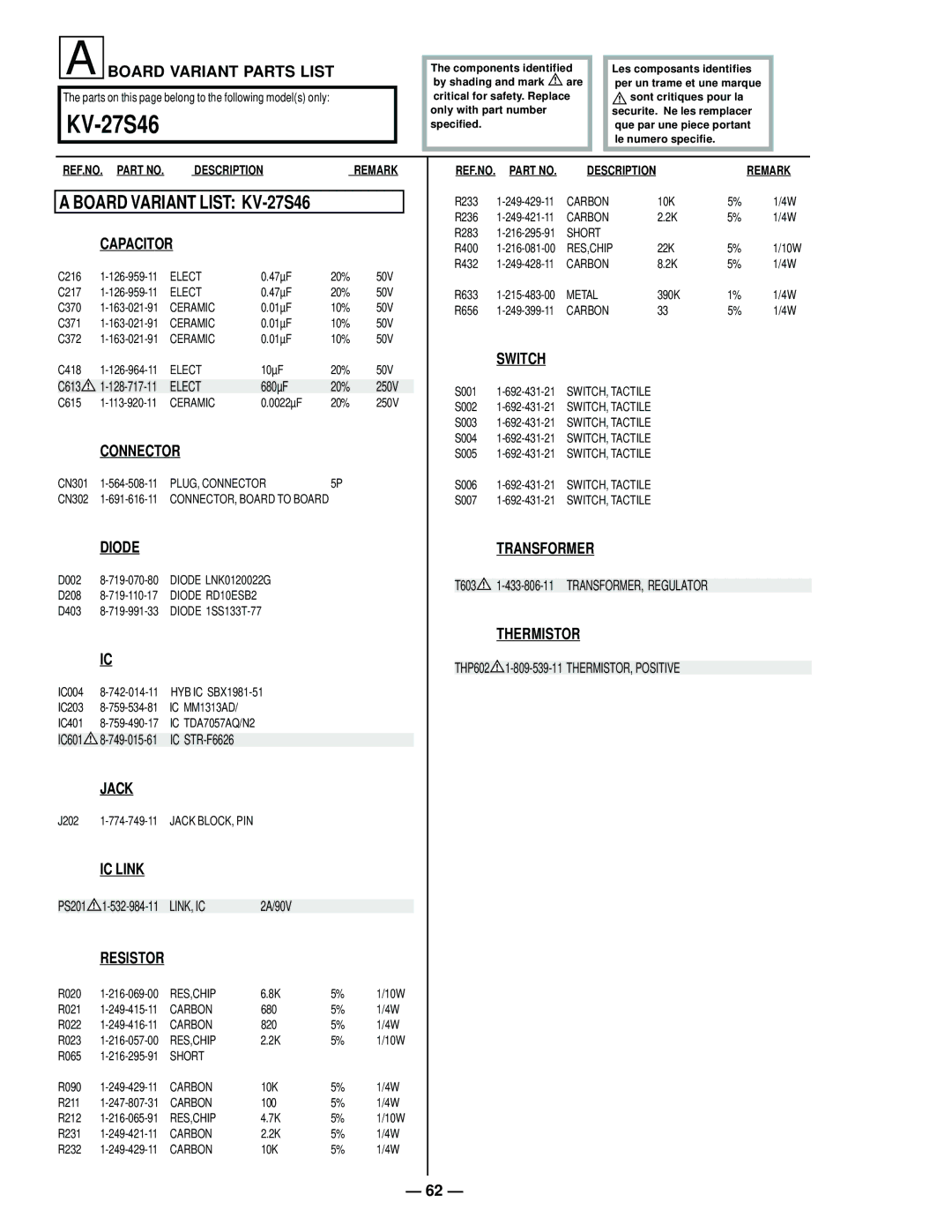 Sony KV-27S42 service manual KV-27S46, 680µF 