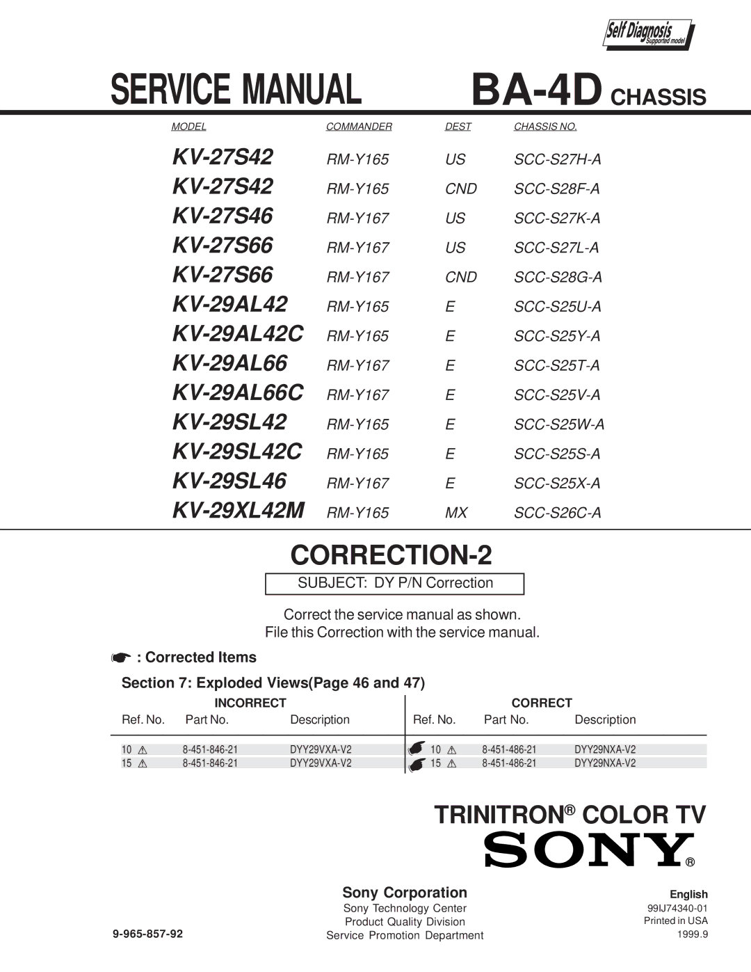 Sony KV-27S42 service manual Incorrect, Correct, DYY29VXA-V2 