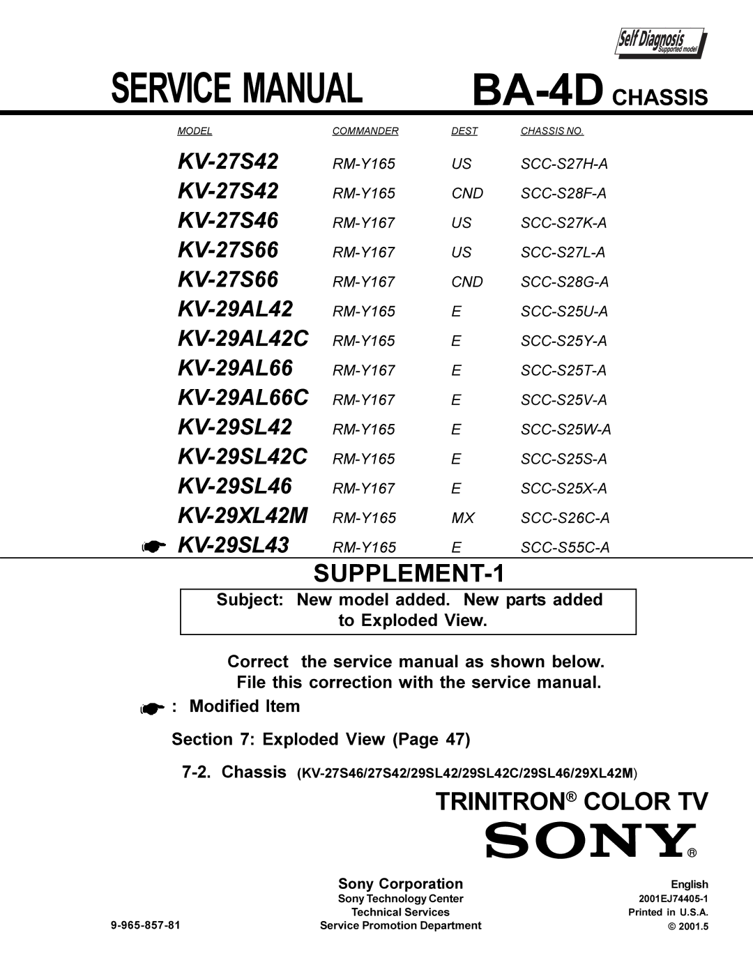 Sony KV-27S42 service manual SUPPLEMENT-1 