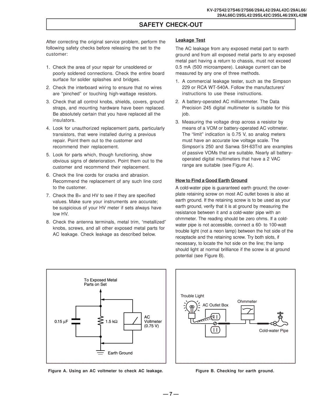 Sony KV-27S42 service manual Safety CHECK-OUT, Leakage Test 