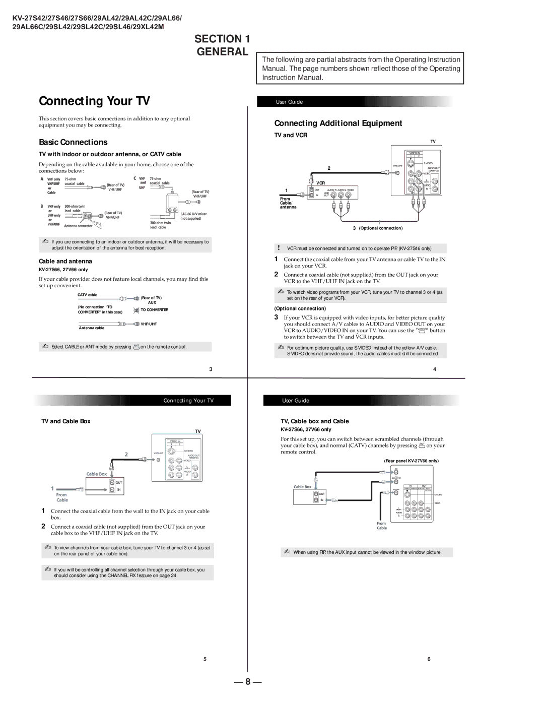 Sony KV-27S42 service manual Connecting Your TV, Section General 