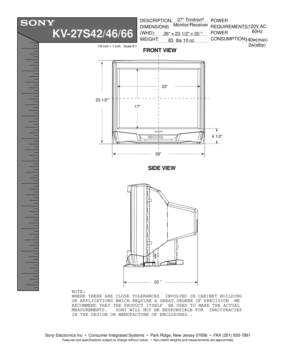 Sony KV-27S66, KV-27S46 dimensions KV-27S42/46/66 Weight, Front View, Side View 