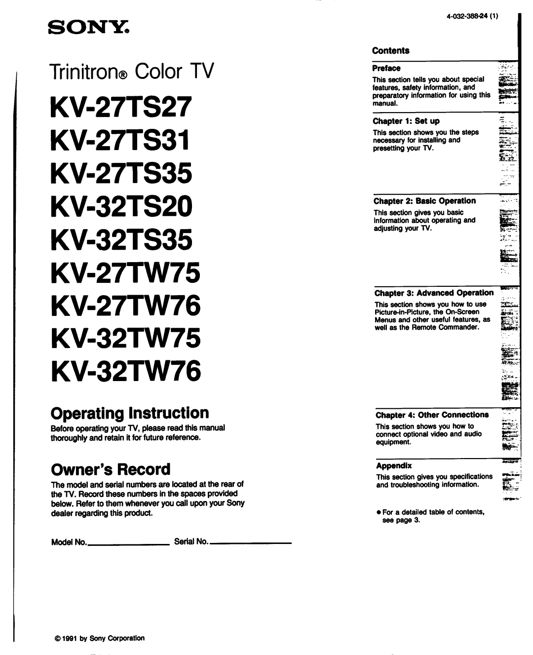 Sony KV-27TW75, KV-27TW76, KV-27TS27, KV-27TS35, KV-27TS31, KV-32TS20, KV-32TW75, KV-32TW76, KV-32TS35 manual 