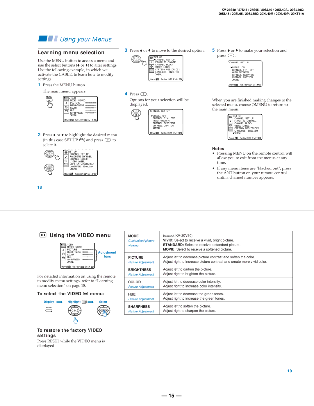 Sony KV-27V40 service manual Learning menu selection, Using the Video menu, To select the Video menu 