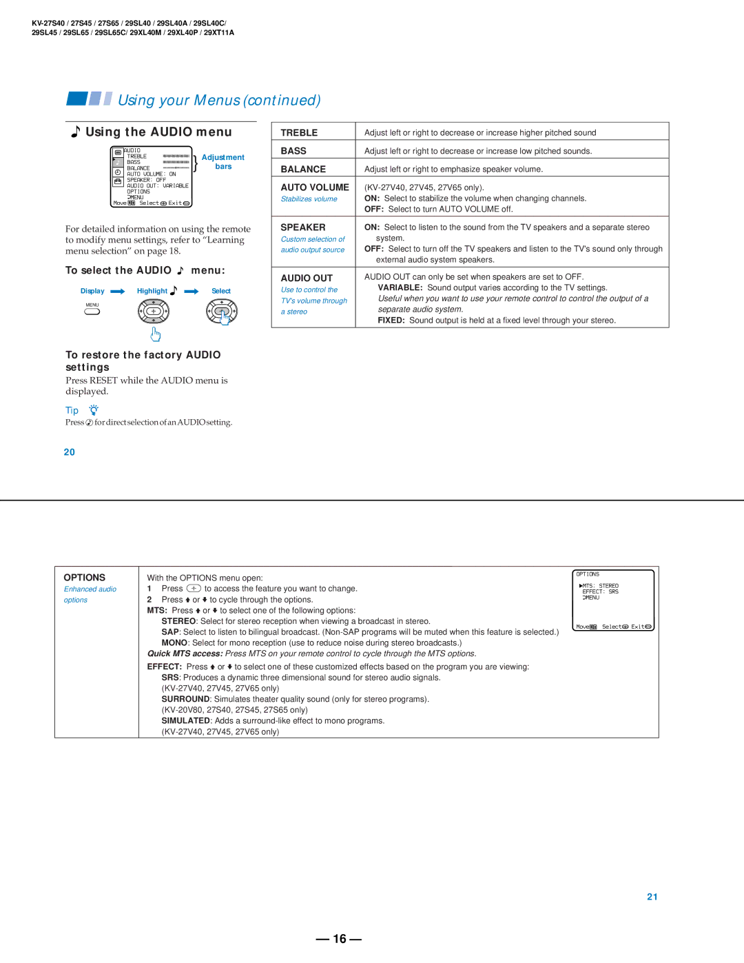 Sony KV-27V40 service manual Using the Audio menu, To select the Audio menu, To restore the factory Audio settings 