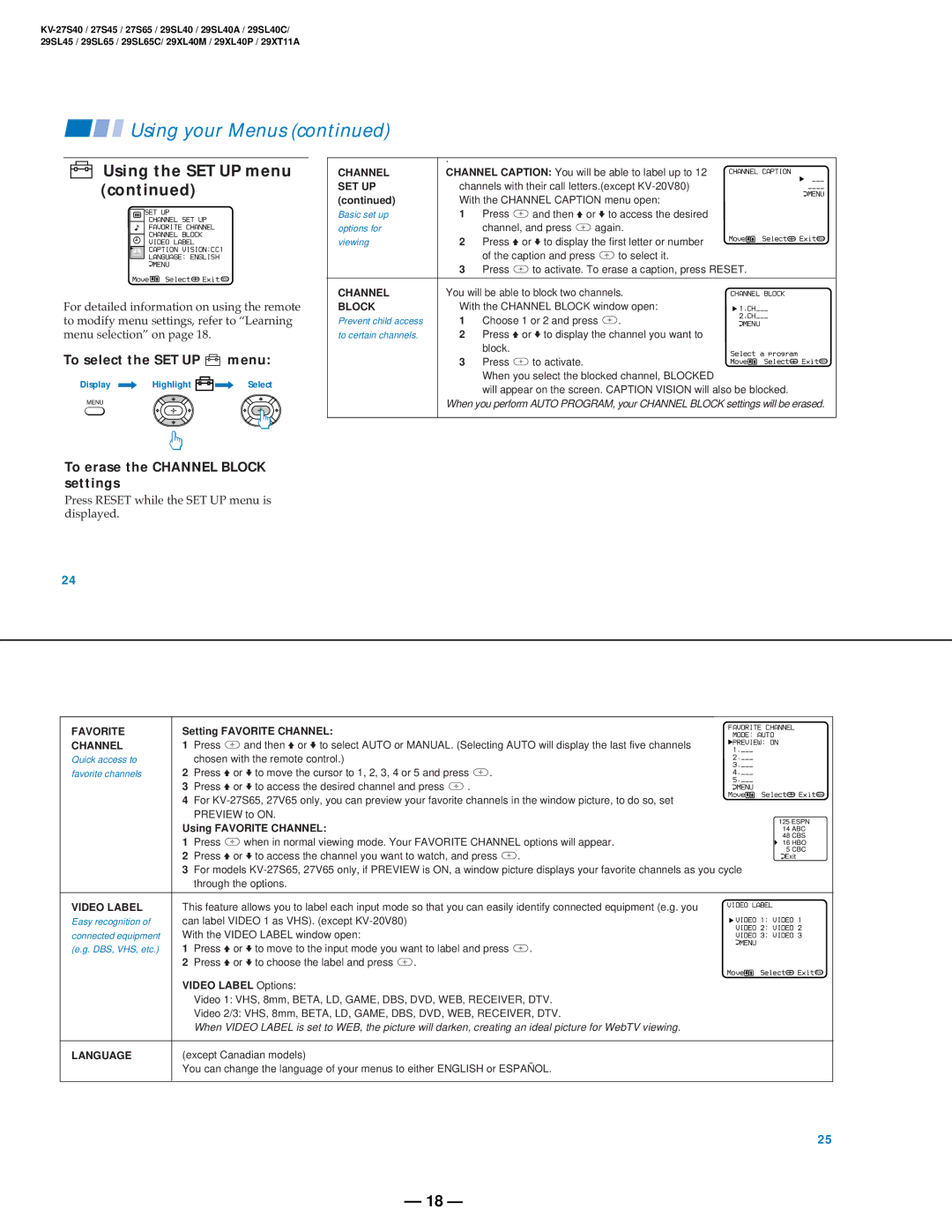 Sony KV-27V40 service manual To erase the Channel Block settings, Press Reset while the SET UP menu is displayed 