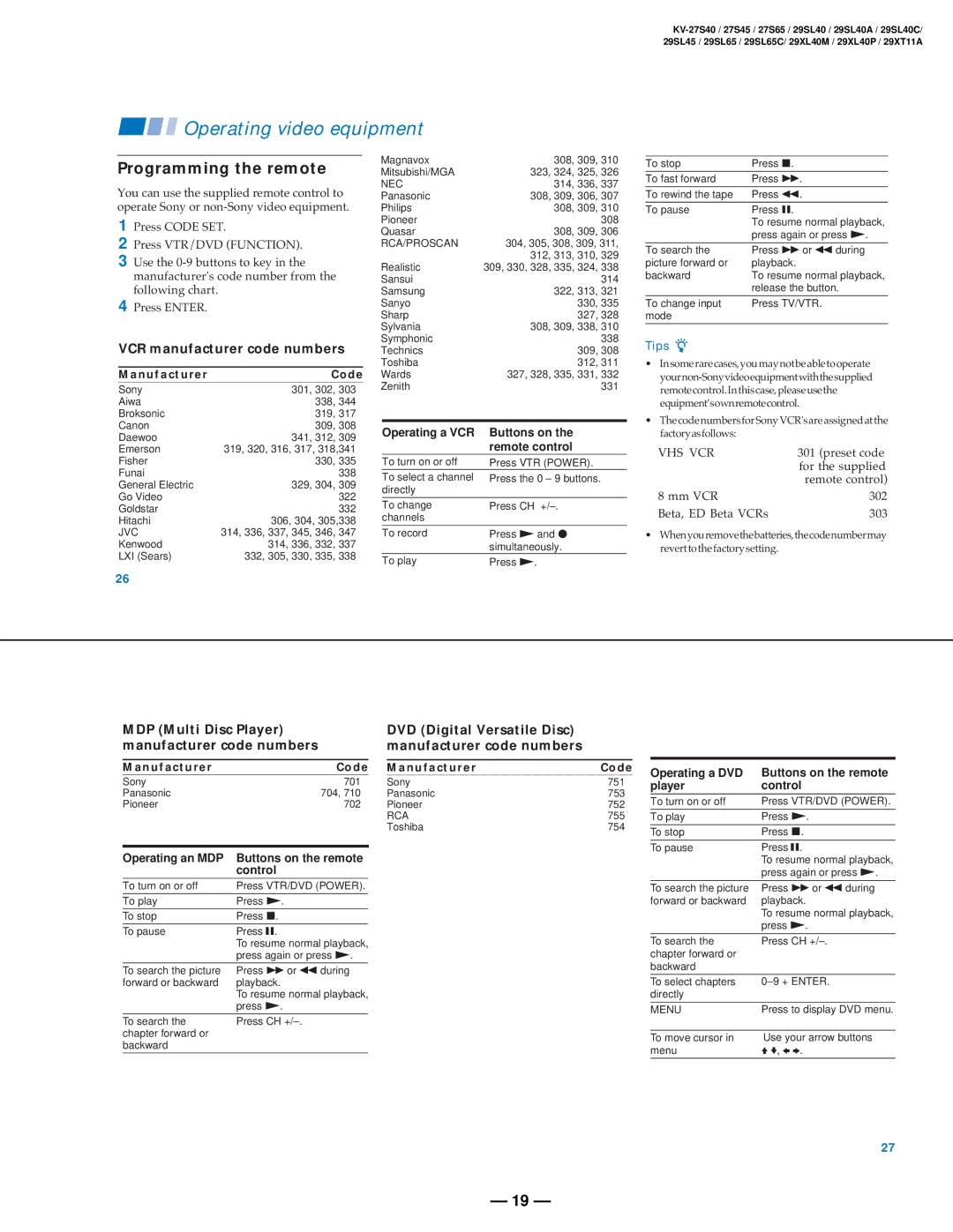Sony KV-27V40 Programming the remote, VCR manufacturer code numbers, MDP Multi Disc Player manufacturer code numbers 