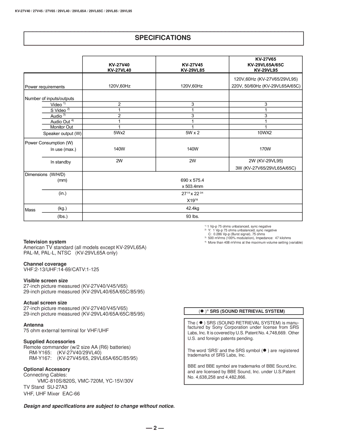 Sony KV-27V40 service manual Specifications, KV-27V65 