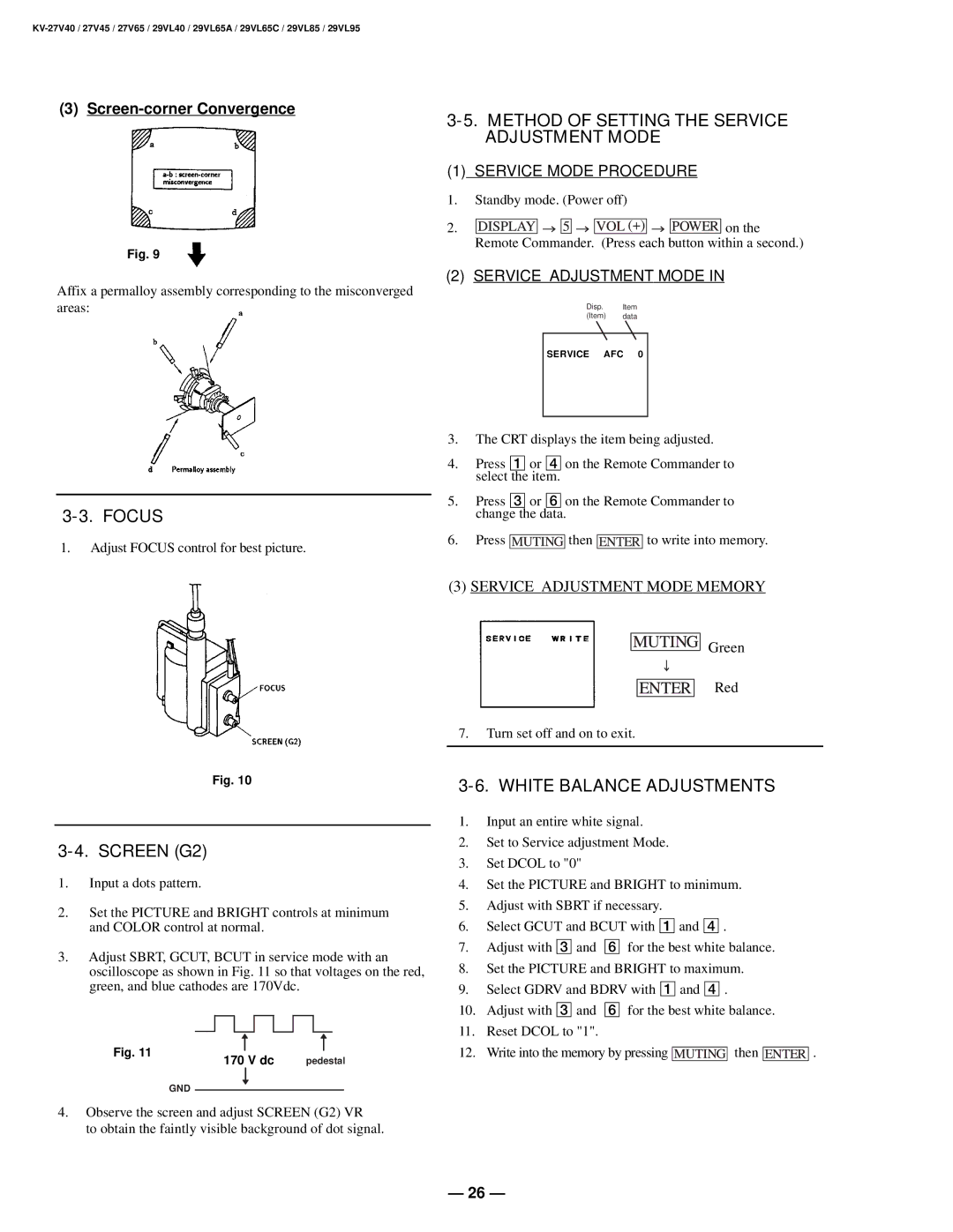 Sony KV-27V40 service manual Method of Setting the Service Adjustment Mode 