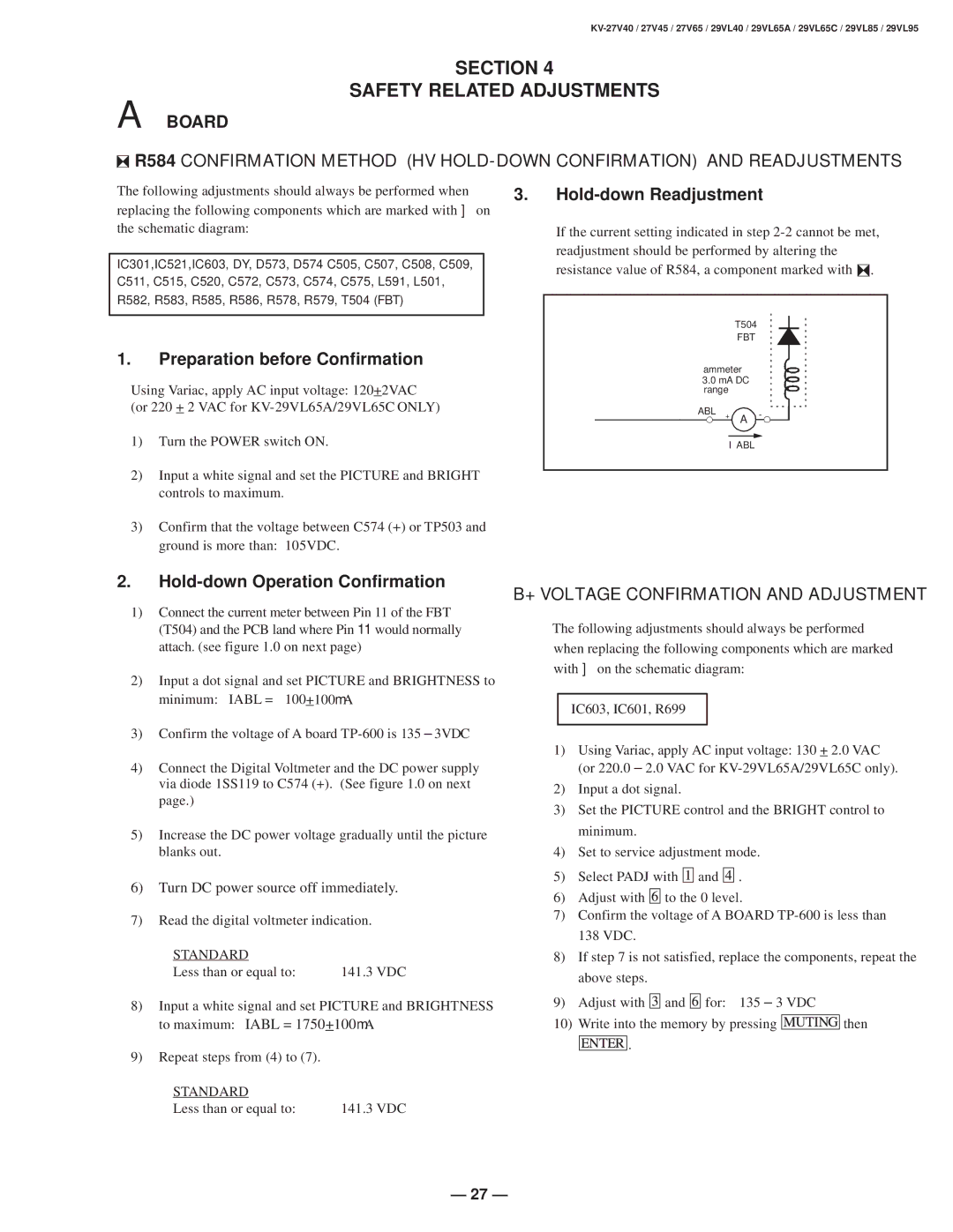 Sony KV-27V40 service manual Section, Safety Related Adjustments, + Voltage Confirmation and Adjustment 