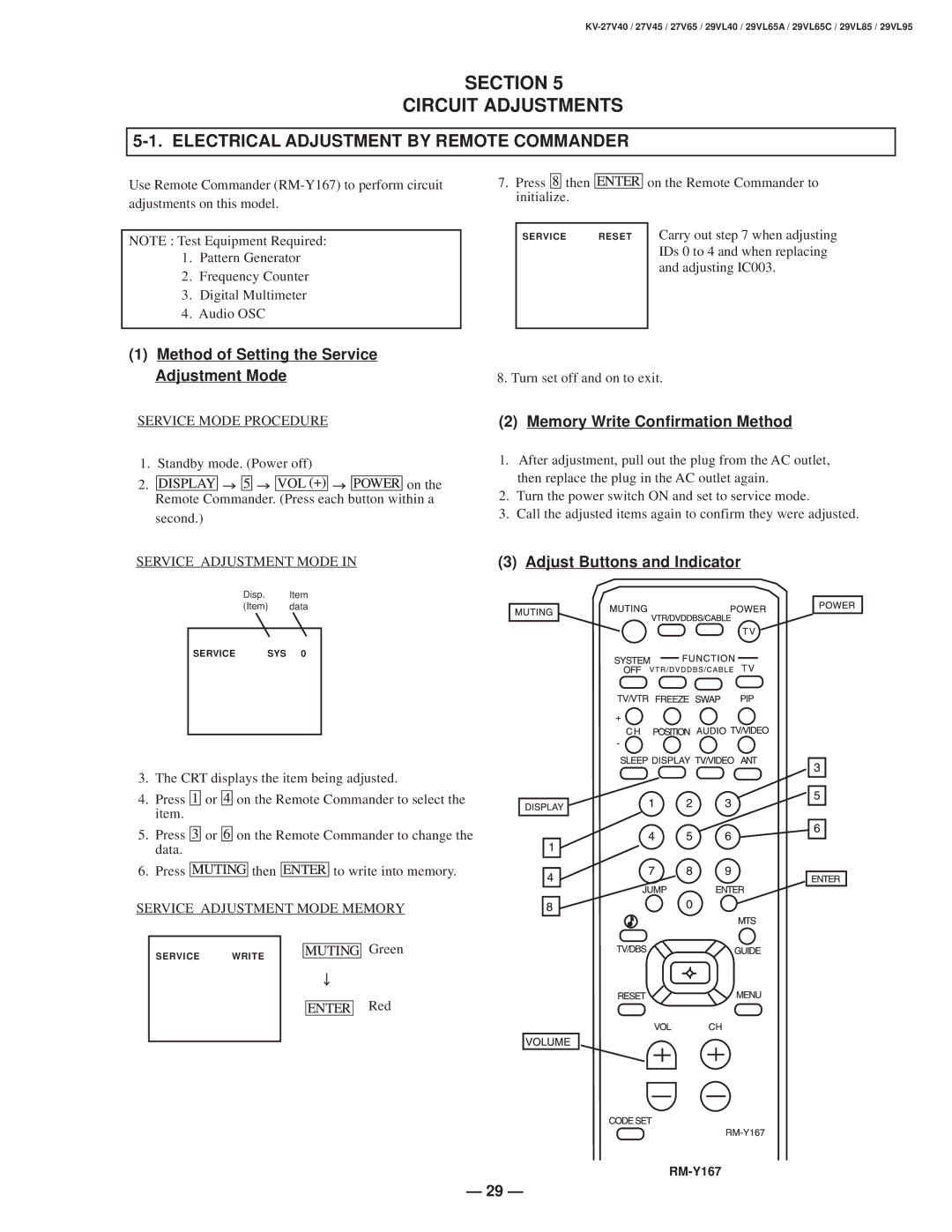 Sony KV-27V40 service manual Section Circuit Adjustments, Electrical Adjustment by Remote Commander, RM-Y167 