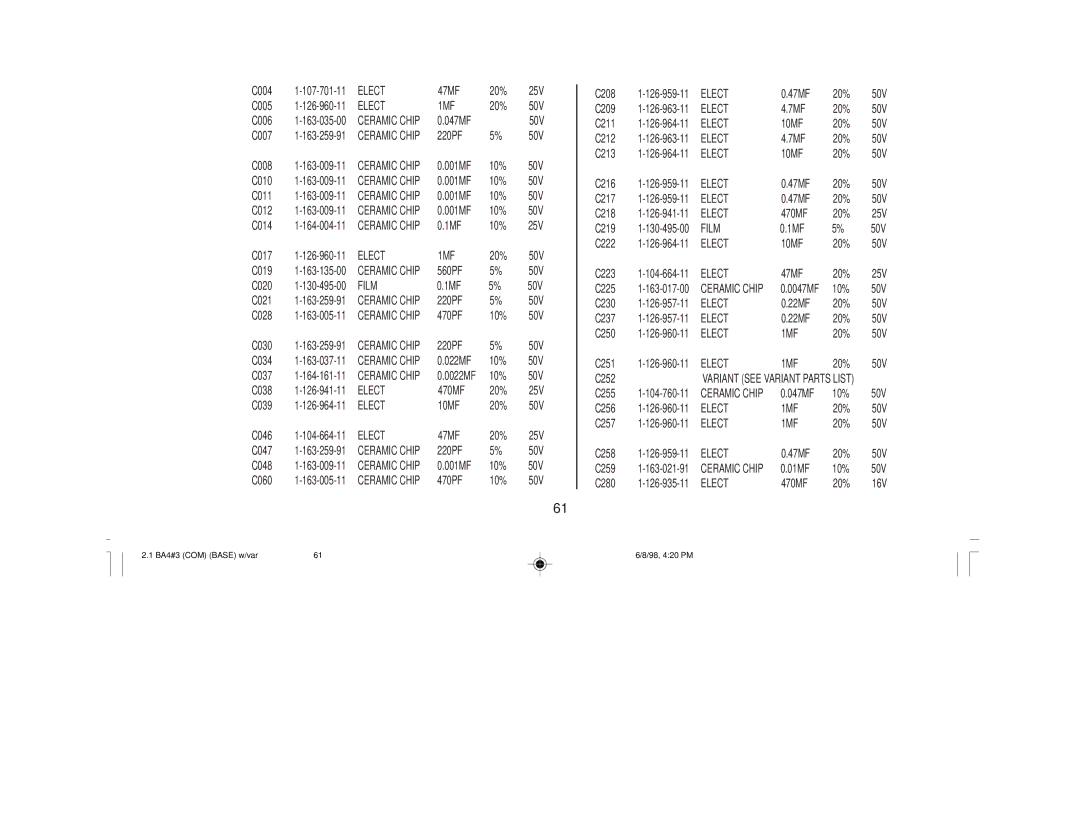 Sony KV-27V40 service manual Section Electrical Parts List, BOARD, Complete, Capacitor 