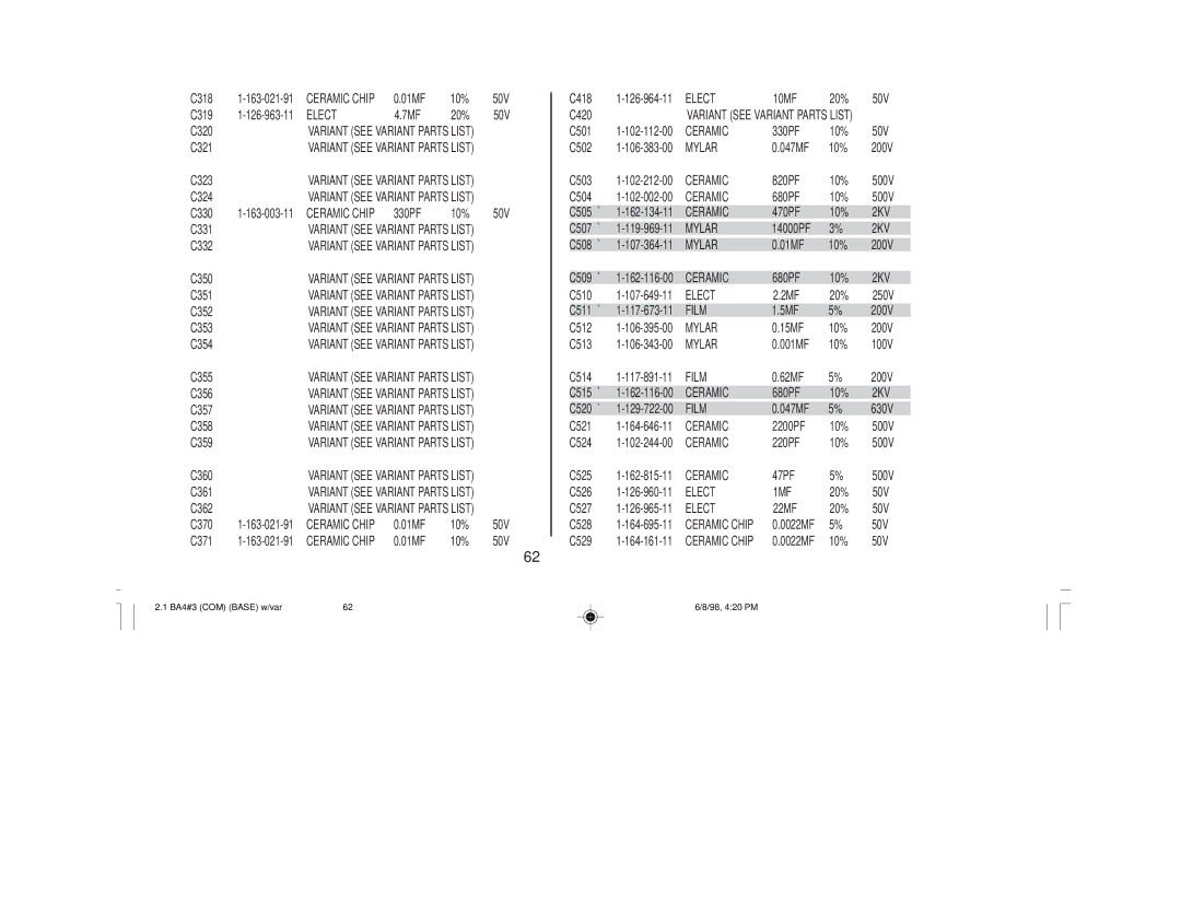 Sony KV-27V40 service manual Ceramic, Mylar, 2KV 