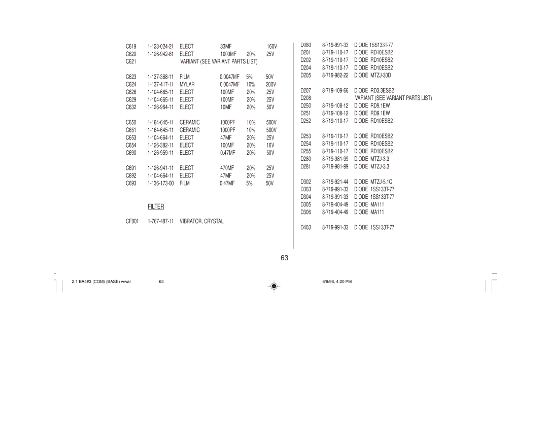 Sony KV-27V40 service manual Filter, Diode 