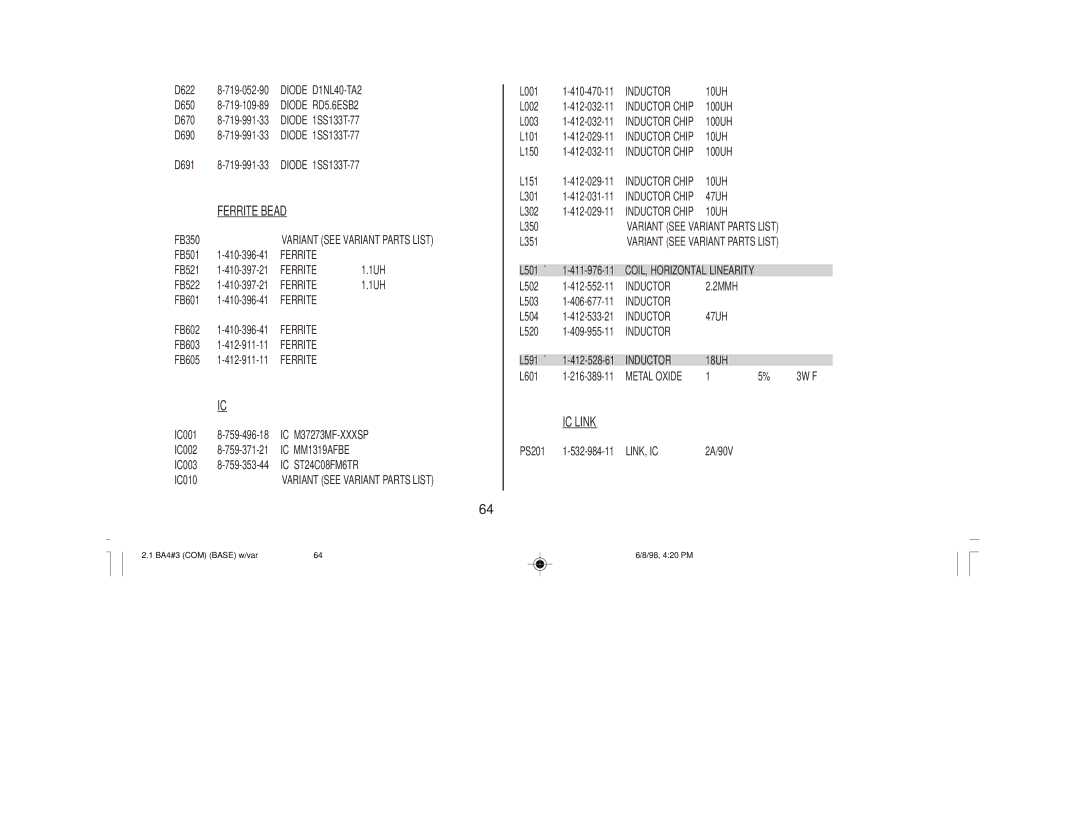 Sony KV-27V40 service manual Ferrite Bead, Jack, Chip Conductor, Coil, IC Link 