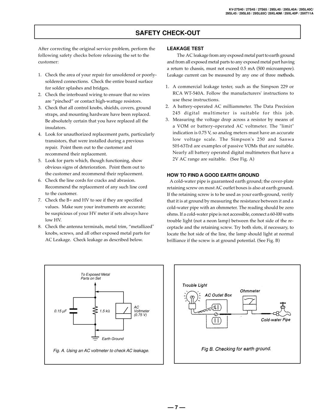 Sony KV-27V40 service manual Safety CHECK-OUT, Leakage Test, HOW to Find a Good Earth Ground 