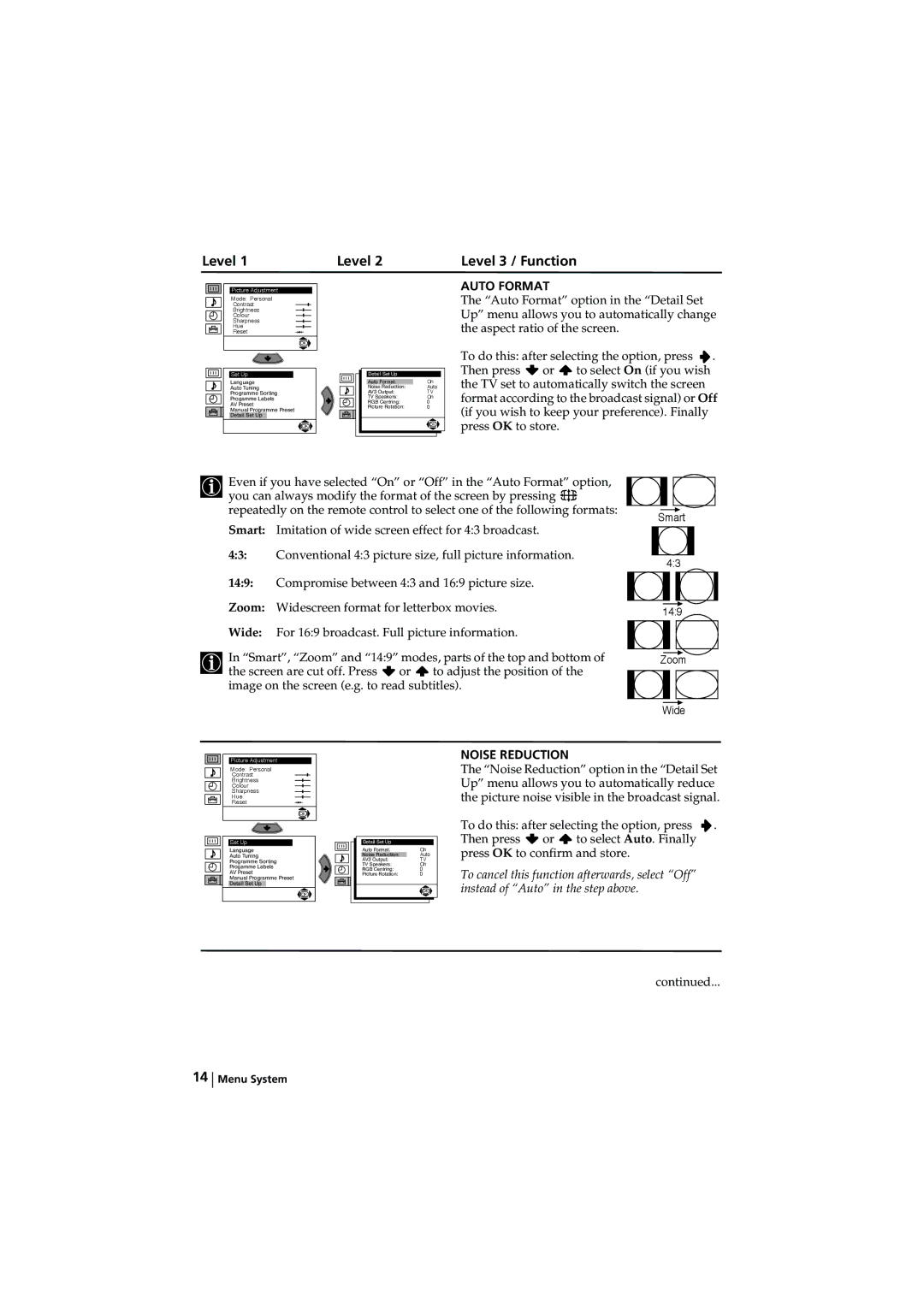 Sony KV-28LS60U, KV-32LS60U instruction manual Auto Format, Noise Reduction 