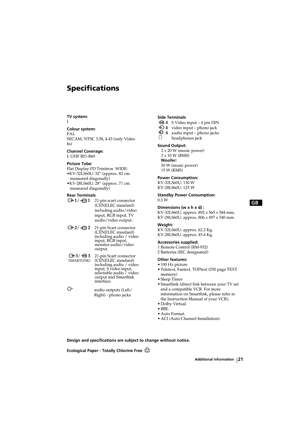 Sony KV-32LS60U, KV-28LS60U instruction manual Specifications 