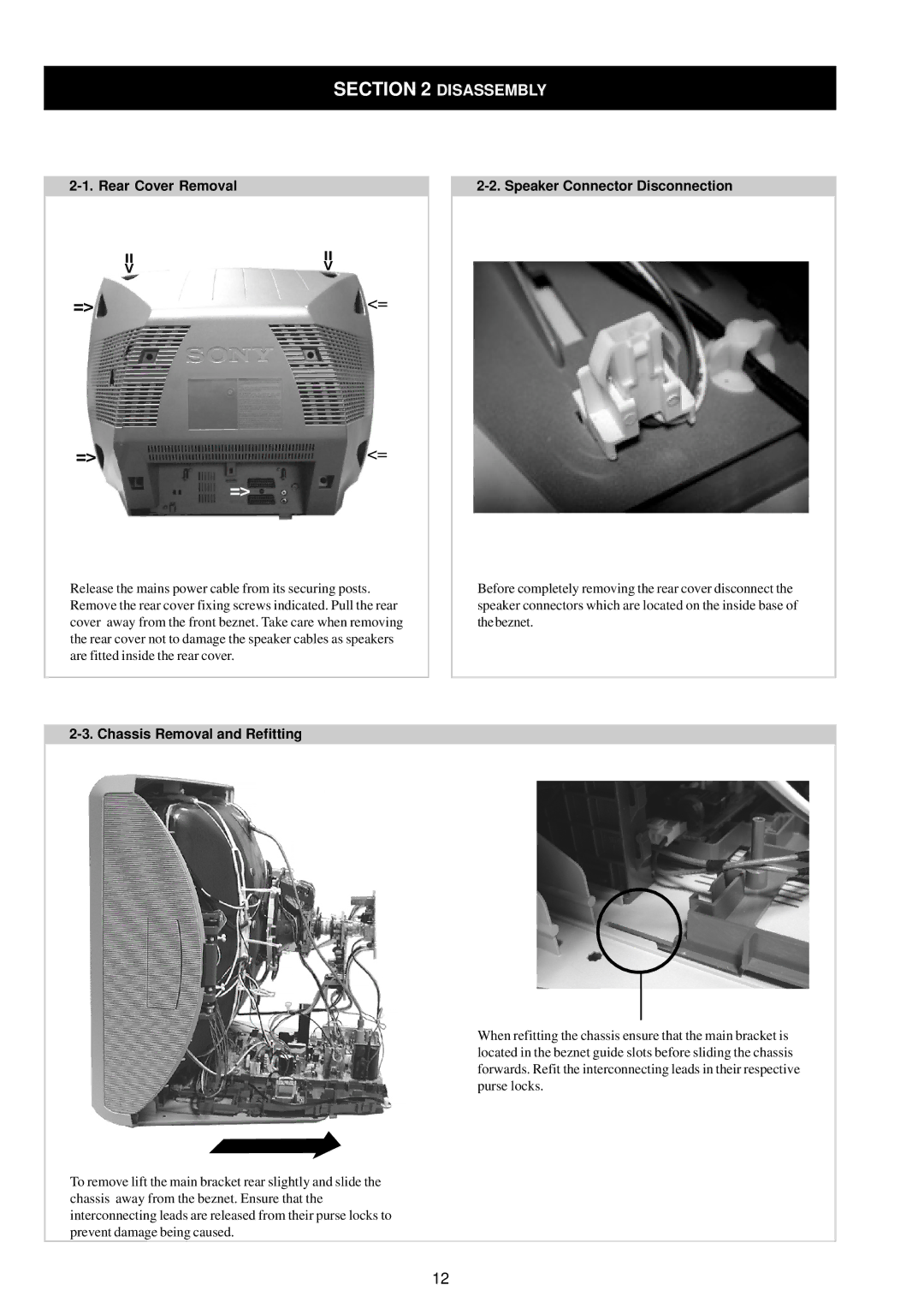 Sony KV-29LS30E service manual Rear Cover Removal, Chassis Removal and Refitting, Speaker Connector Disconnection 