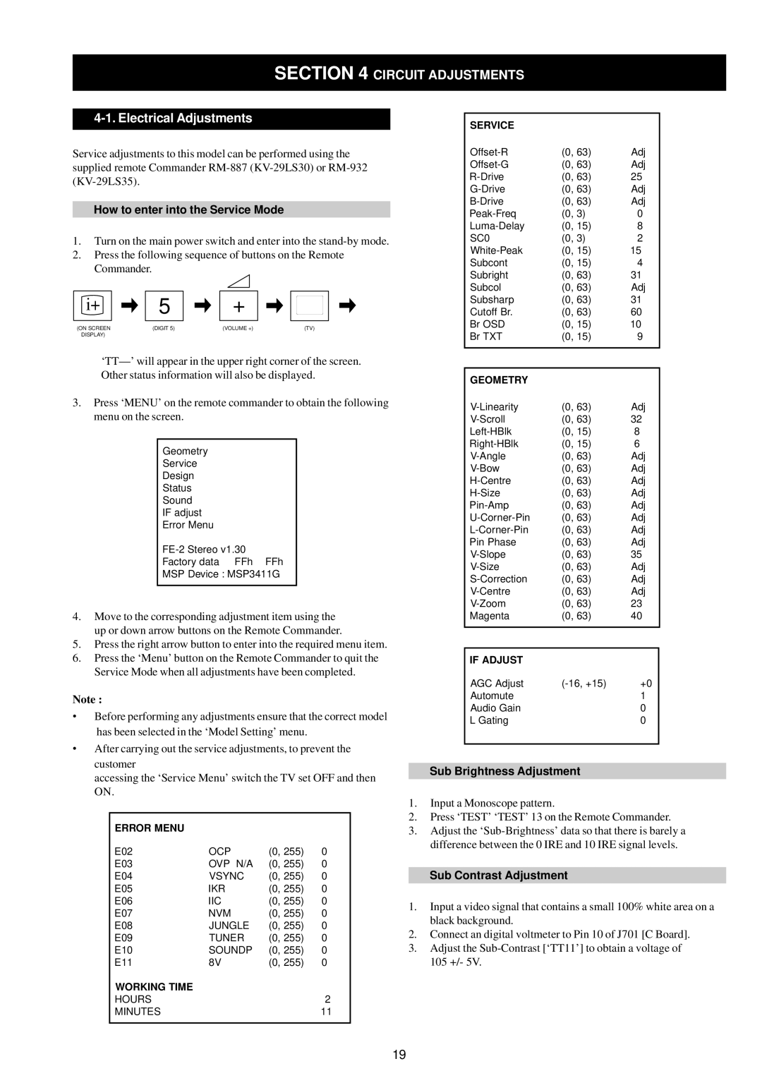 Sony KV-29LS30E service manual How to enter into the Service Mode, Sub Brightness Adjustment, Sub Contrast Adjustment 