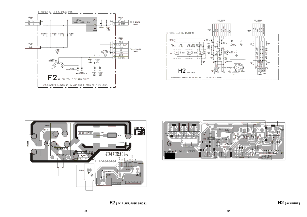 Sony KV-29LS30E service manual F2 AC FILTER, FUSE, Sircs, H2 AV3 Input 