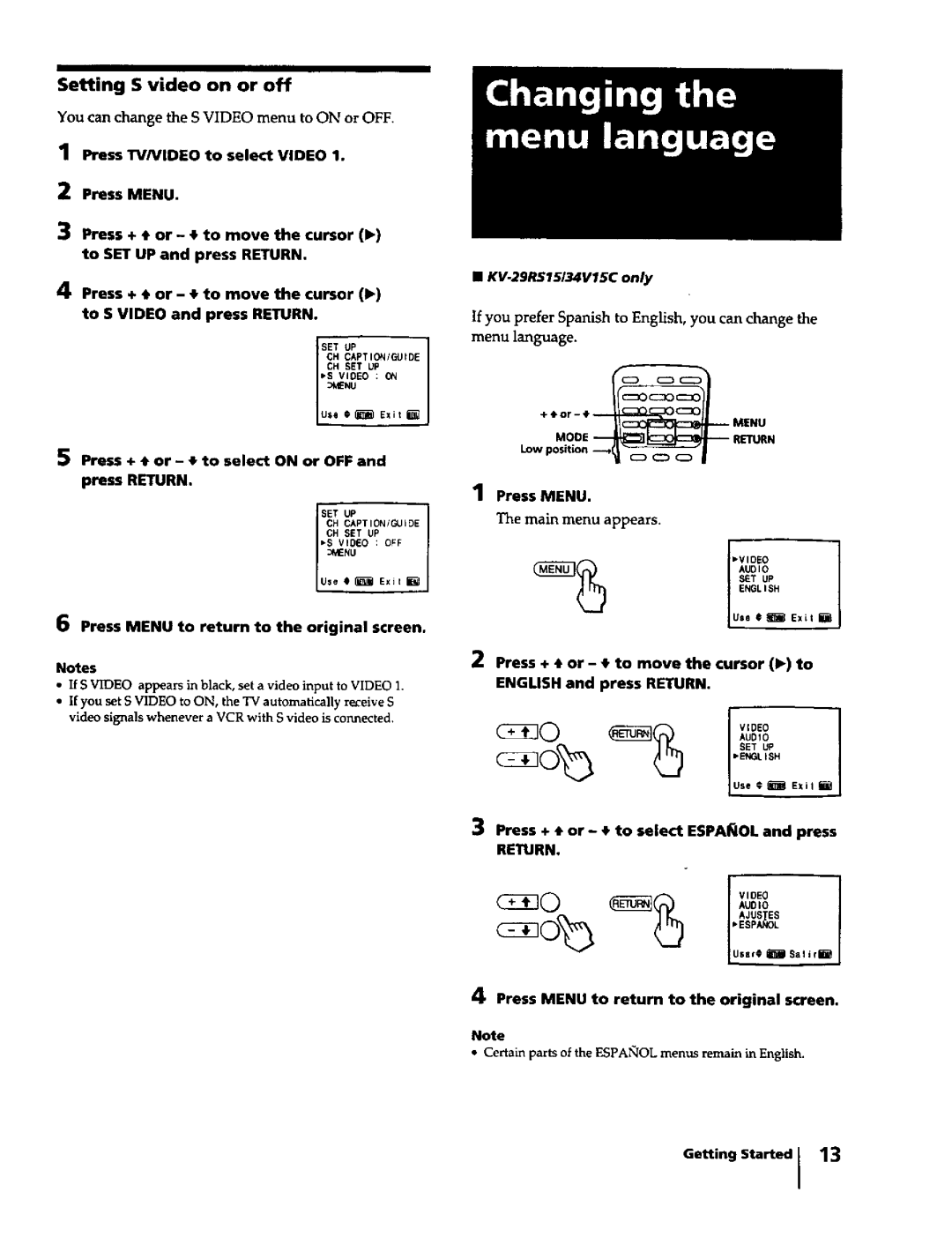 Sony KV-32S15, KV-29RS15, KV-27S15, KV-27V15 Setting S video on or off, You can change the S Video menu to on or OFF 