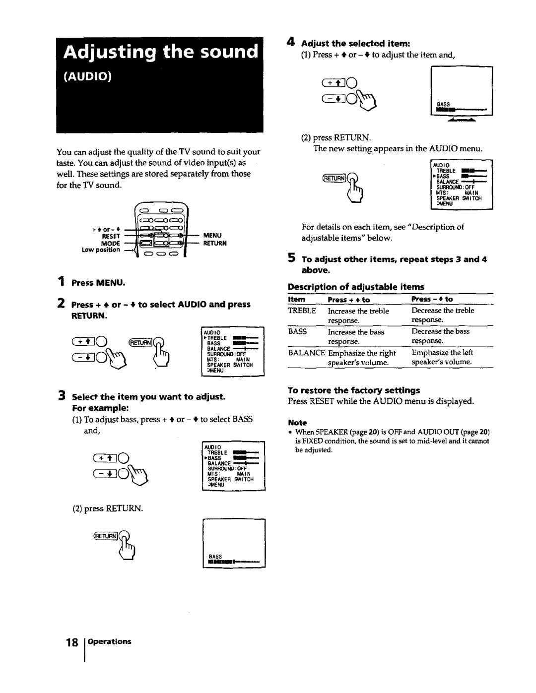 Sony KV-27V15, KV-29RS15 Press Menu Press + or t to select Audio and press, Select the item you want to adjust For example 