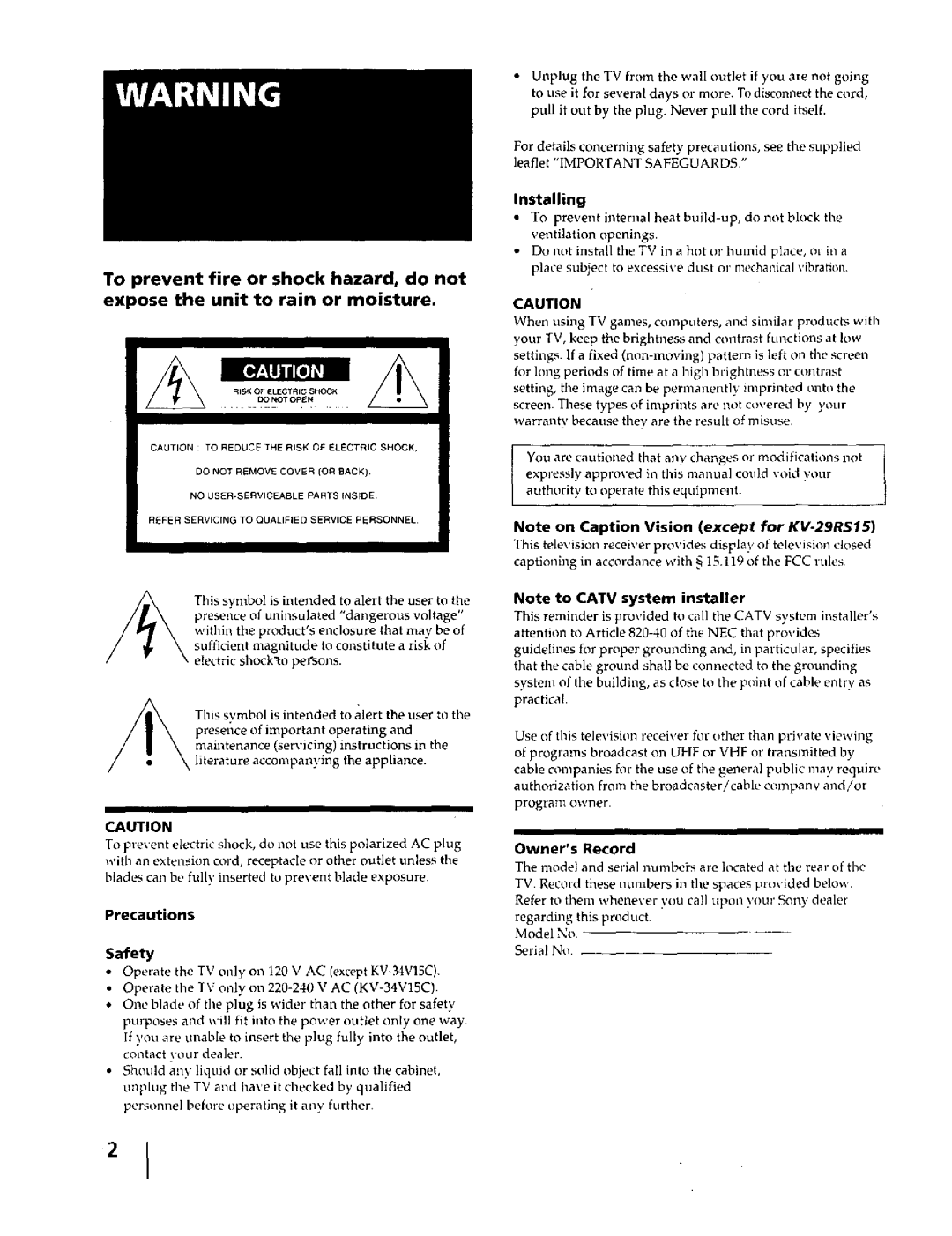 Sony KV-27V15, KV-29RS15, KV-27S15, KV-32V15, KV-32V16, KV-32S15, KV-34V15C, KV-32S 16 Safety, Precautions, Catv, Entry as 