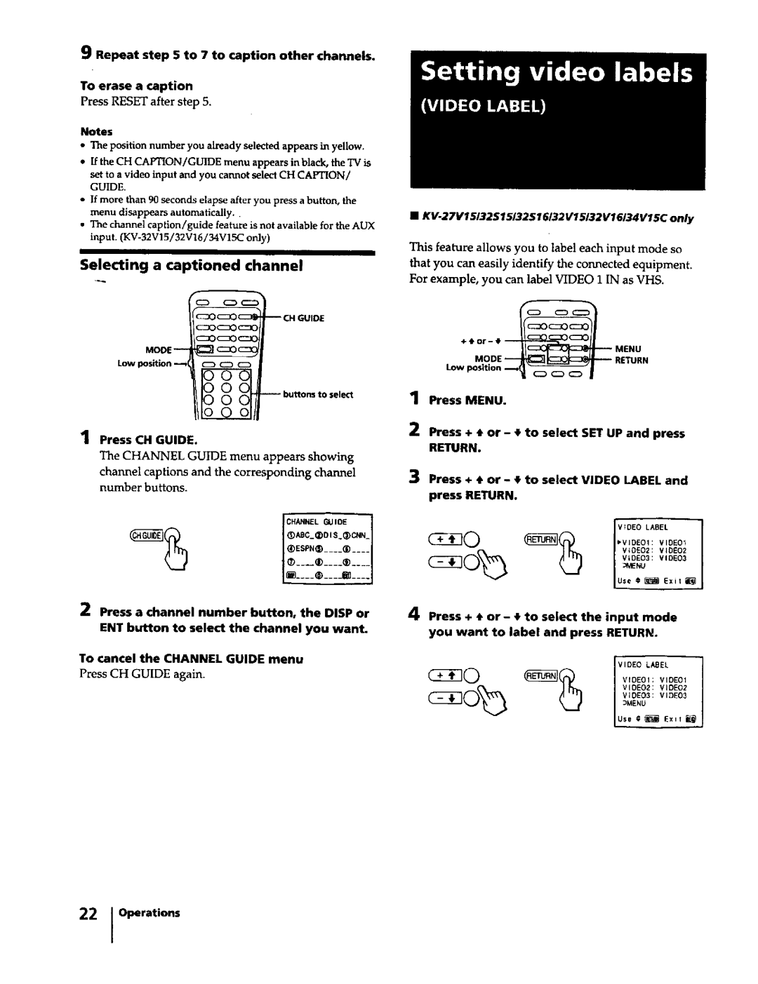 Sony KV-34V15C Selecting a captioned channel, Repeat to 7 to caption other channels To erase a caption, Press CH Guide 