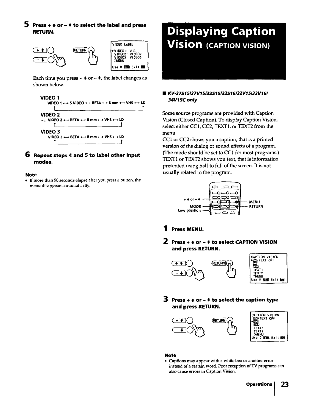 Sony KV-32S 16, KV-29RS15 Press + or to select the label and press, Repeat steps 4 and 5 to label other input modes 