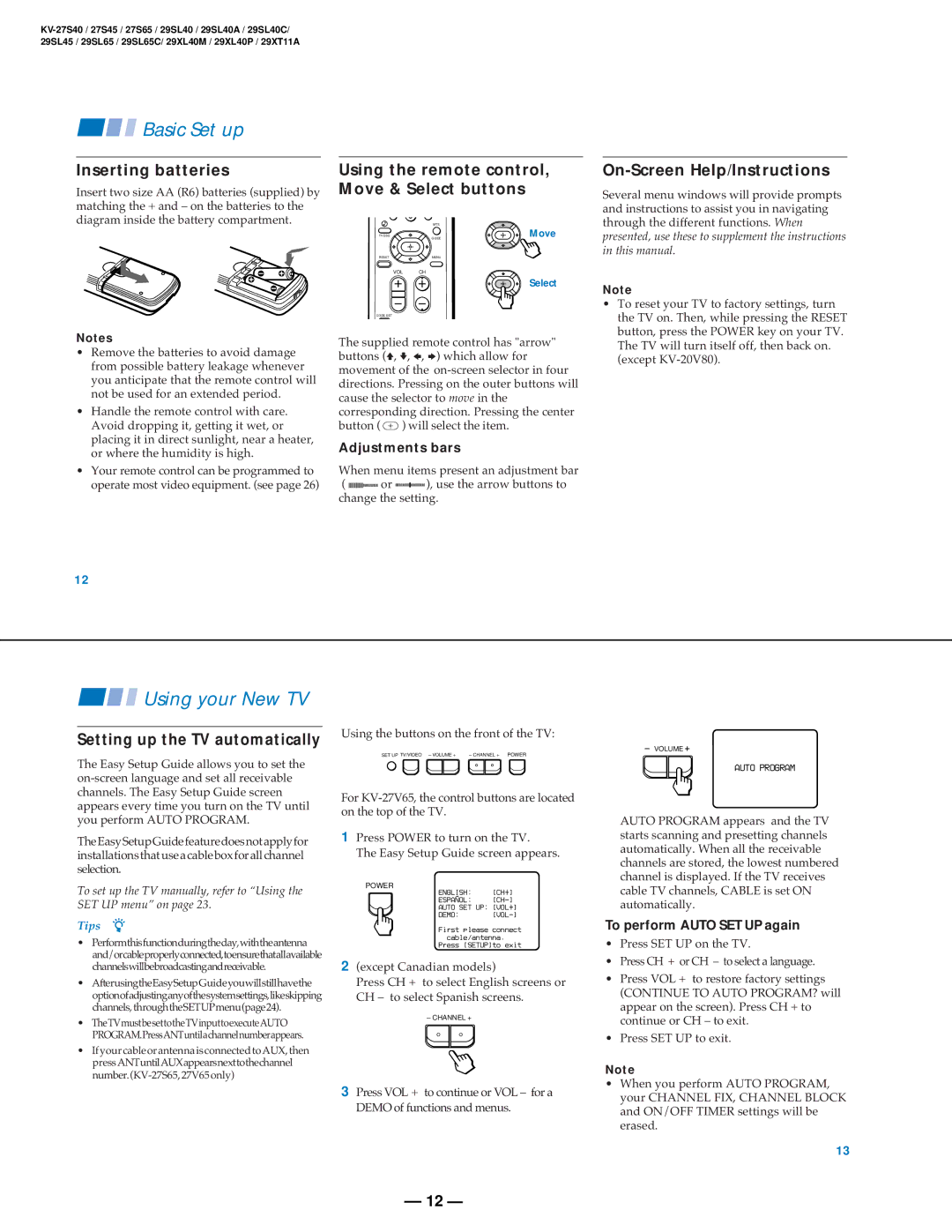 Sony KV-29SL40, KV-27S45 Inserting batteries, Using the remote control, Move & Select buttons, On-Screen Help/Instructions 