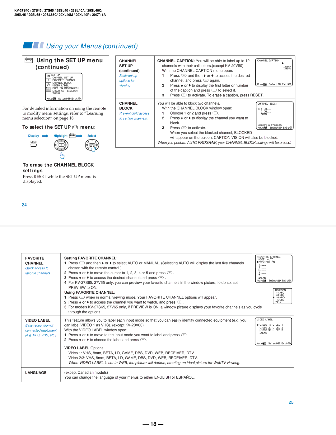 Sony KV-29SL45, KV-29SL40C, KV-27S45 To erase the Channel Block settings, Press Reset while the SET UP menu is displayed 
