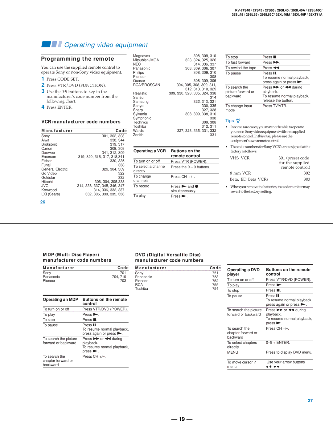 Sony KV-29XT11A Programming the remote, VCR manufacturer code numbers, MDP Multi Disc Player manufacturer code numbers 