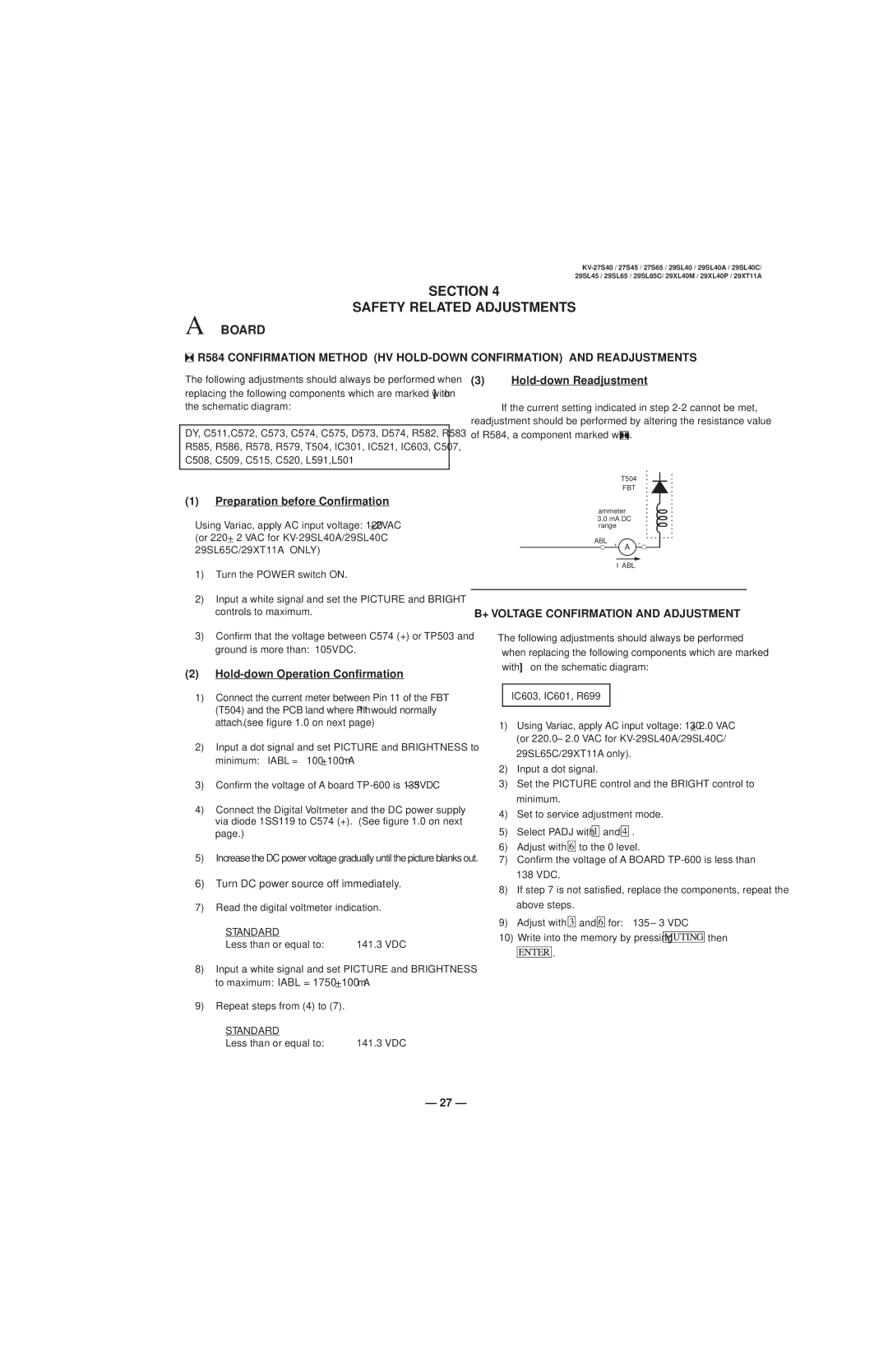 Sony KV-29XL40M, KV-29SL40C, KV-29SL65C, KV-29SL40A, KV-29XL40P, KV-29SL45 Section Safety Related Adjustments, Aboard 