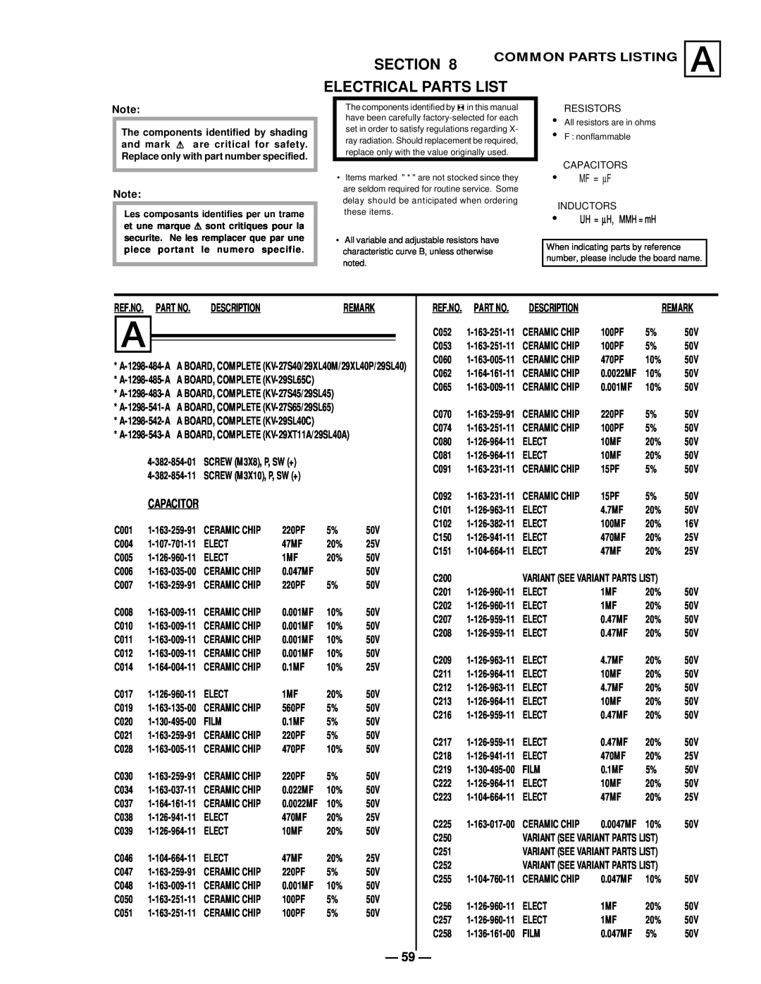 Sony KV-27S40, KV-29SL40C, KV-27S45 Section, Electrical Parts List, Common Parts Listing A, Ref.No. Part No, Description 