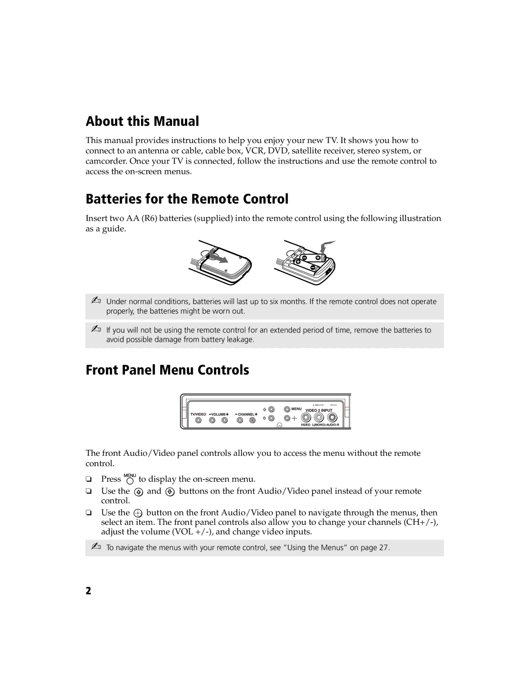 Sony KV-32FS120 manual About this Manual, Batteries for the Remote Control, Front Panel Menu Controls 