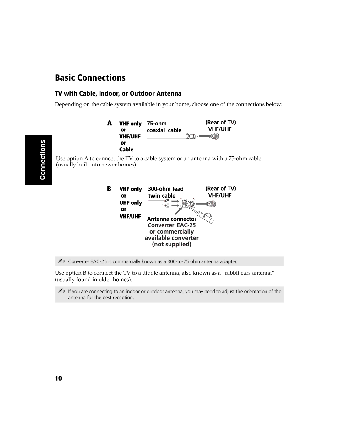 Sony KV-32FS120 manual Basic Connections, TV with Cable, Indoor, or Outdoor Antenna 