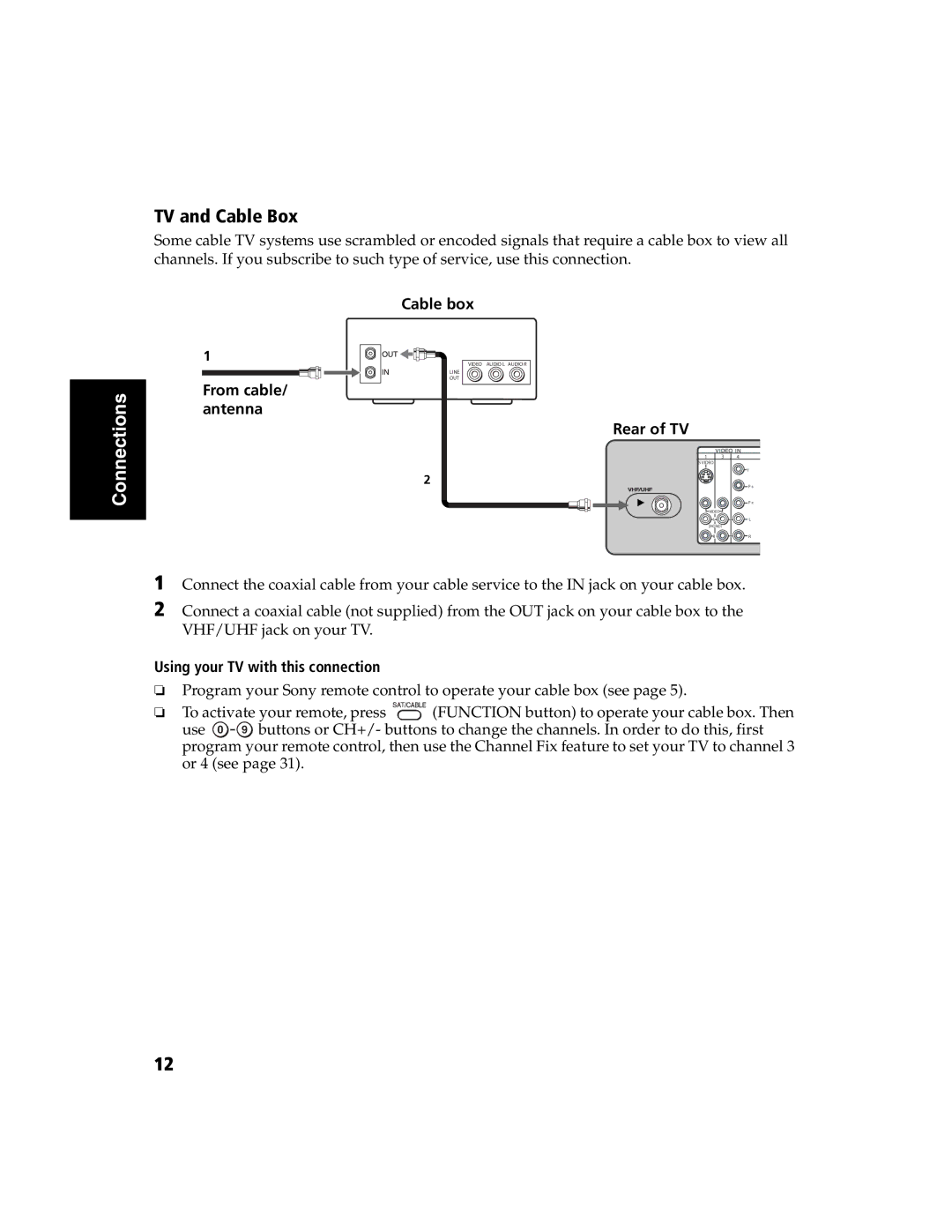 Sony KV-32FS120 manual TV and Cable Box, Cable box, From cable/ antenna 