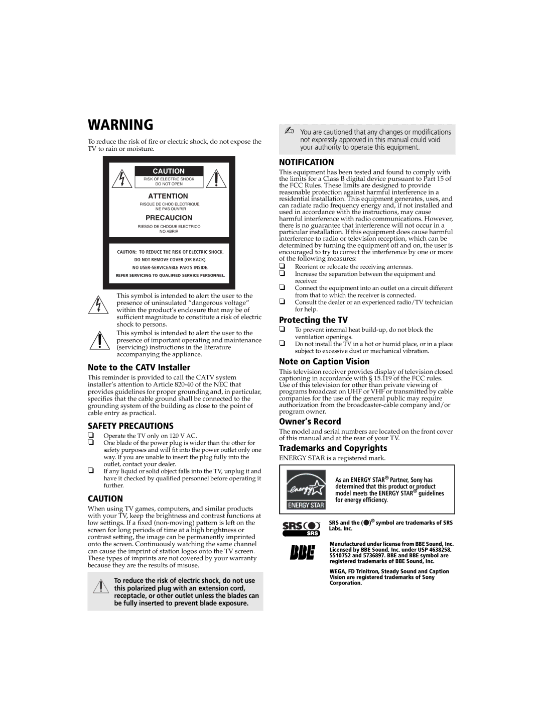 Sony KV-32FS120 manual Protecting the TV, Owner’s Record, Trademarks and Copyrights 