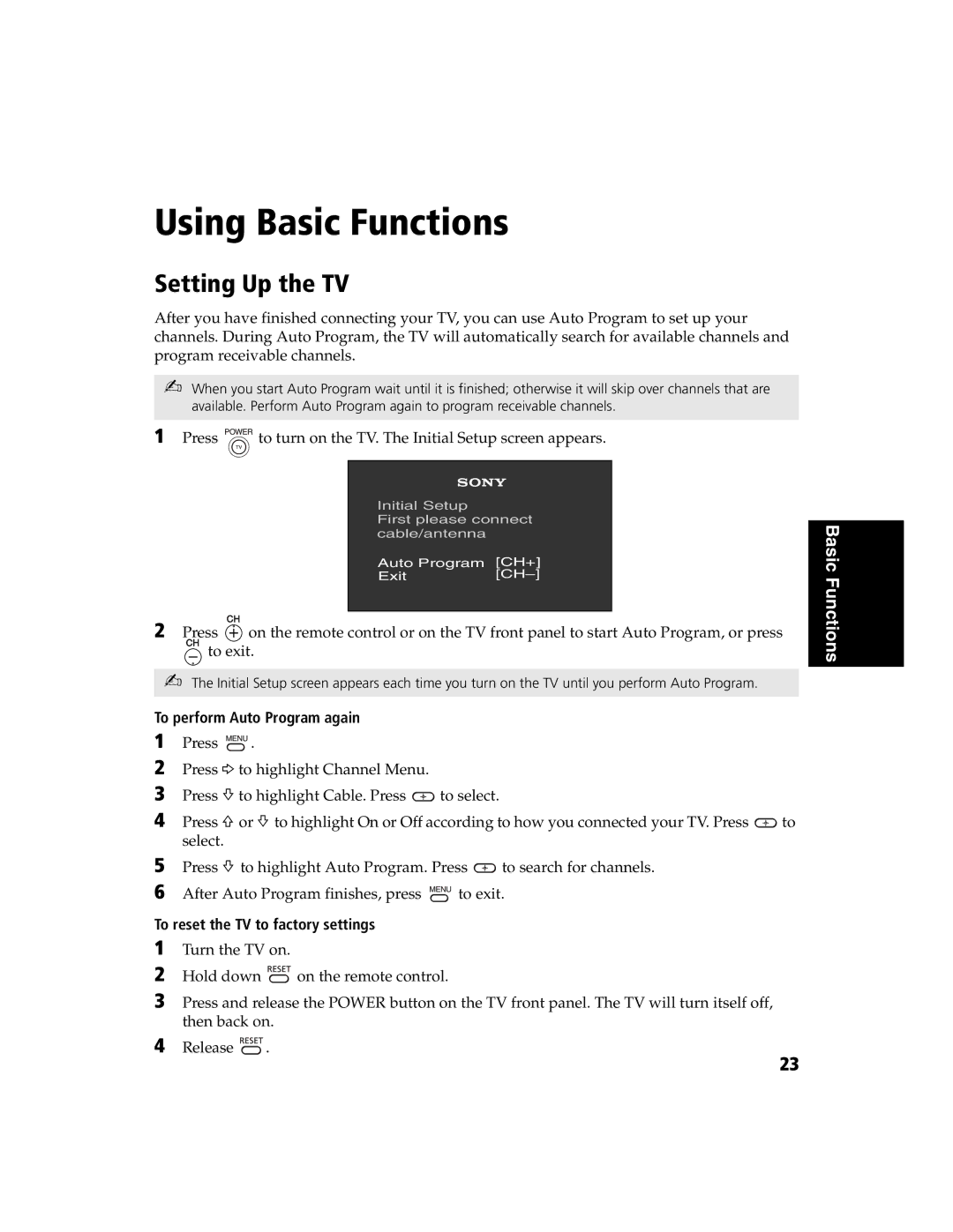 Sony KV-32FS120 manual Using Basic Functions, Setting Up the TV, To perform Auto Program again 