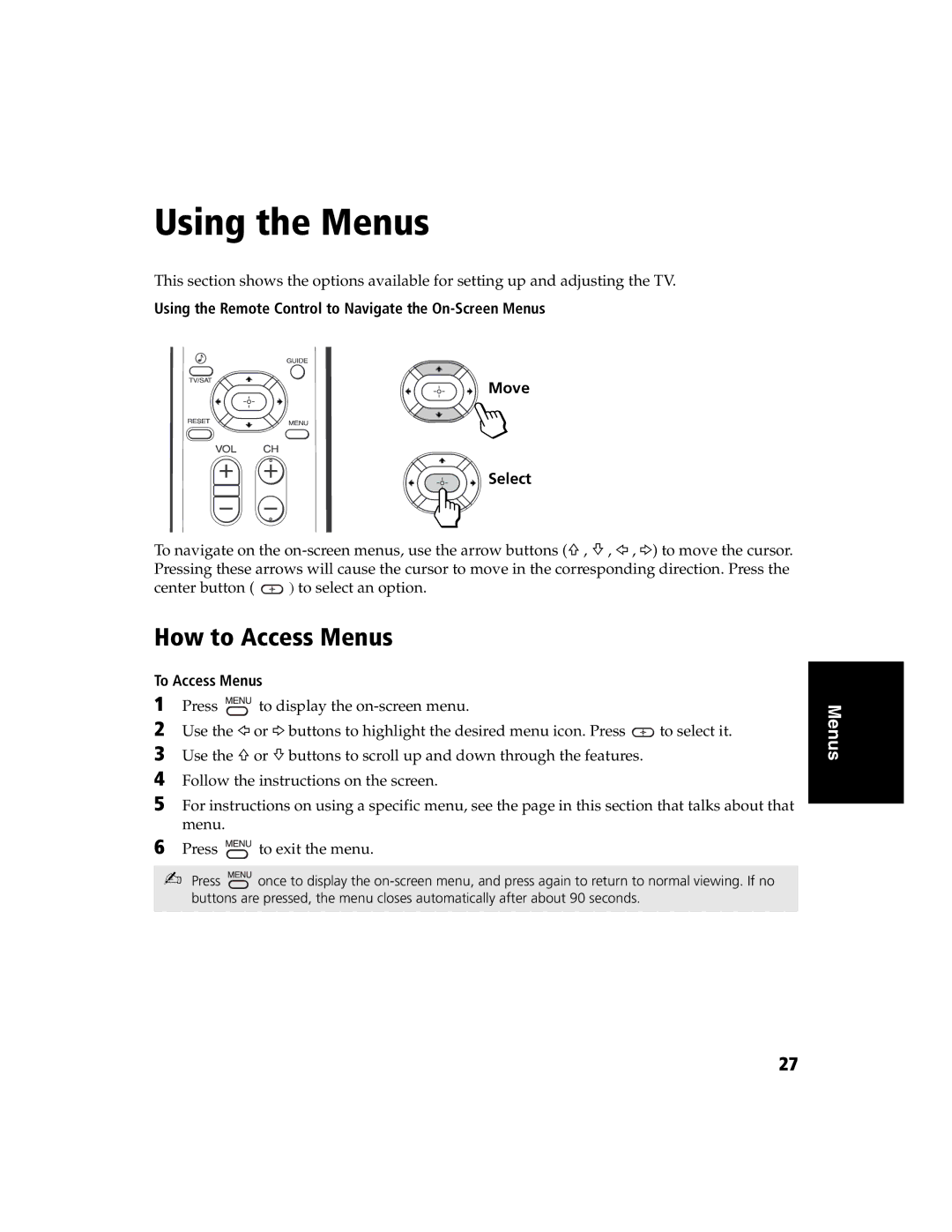 Sony KV-32FS120 manual Using the Menus, How to Access Menus, To Access Menus 