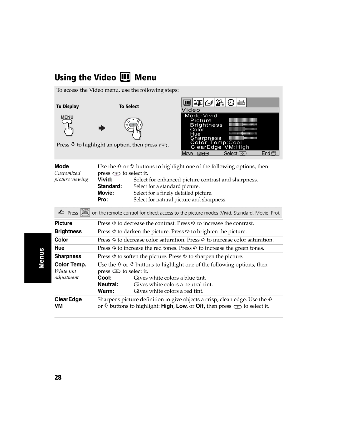 Sony KV-32FS120 manual Using the Video Menu 