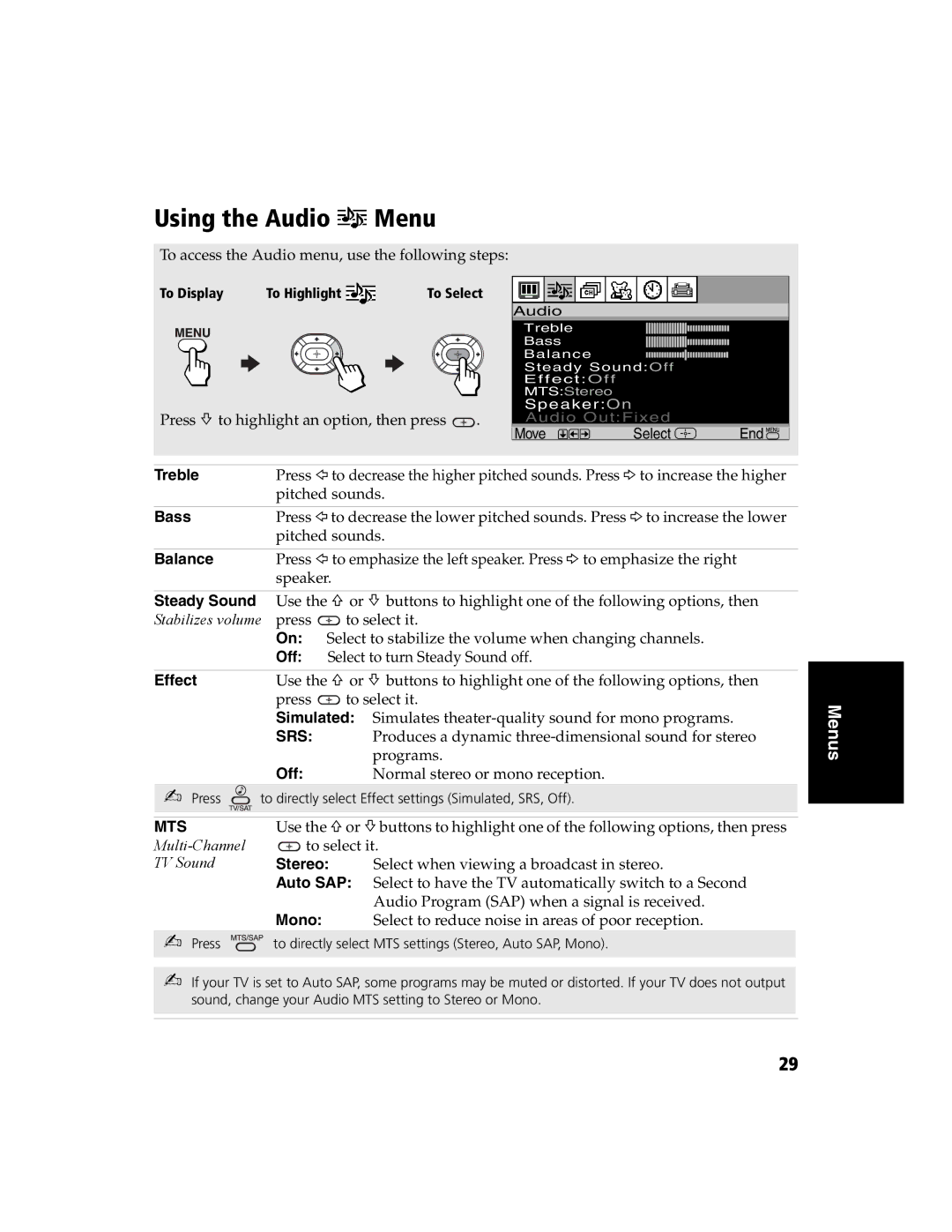 Sony KV-32FS120 manual Using the Audio Menu 