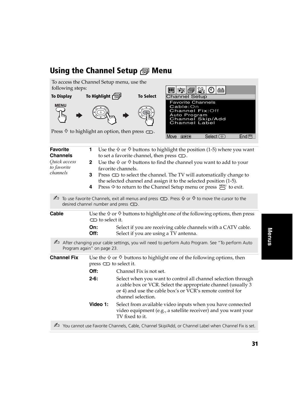 Sony KV-32FS120 manual Using the Channel Setup Menu, Favorite Channels, Cable 