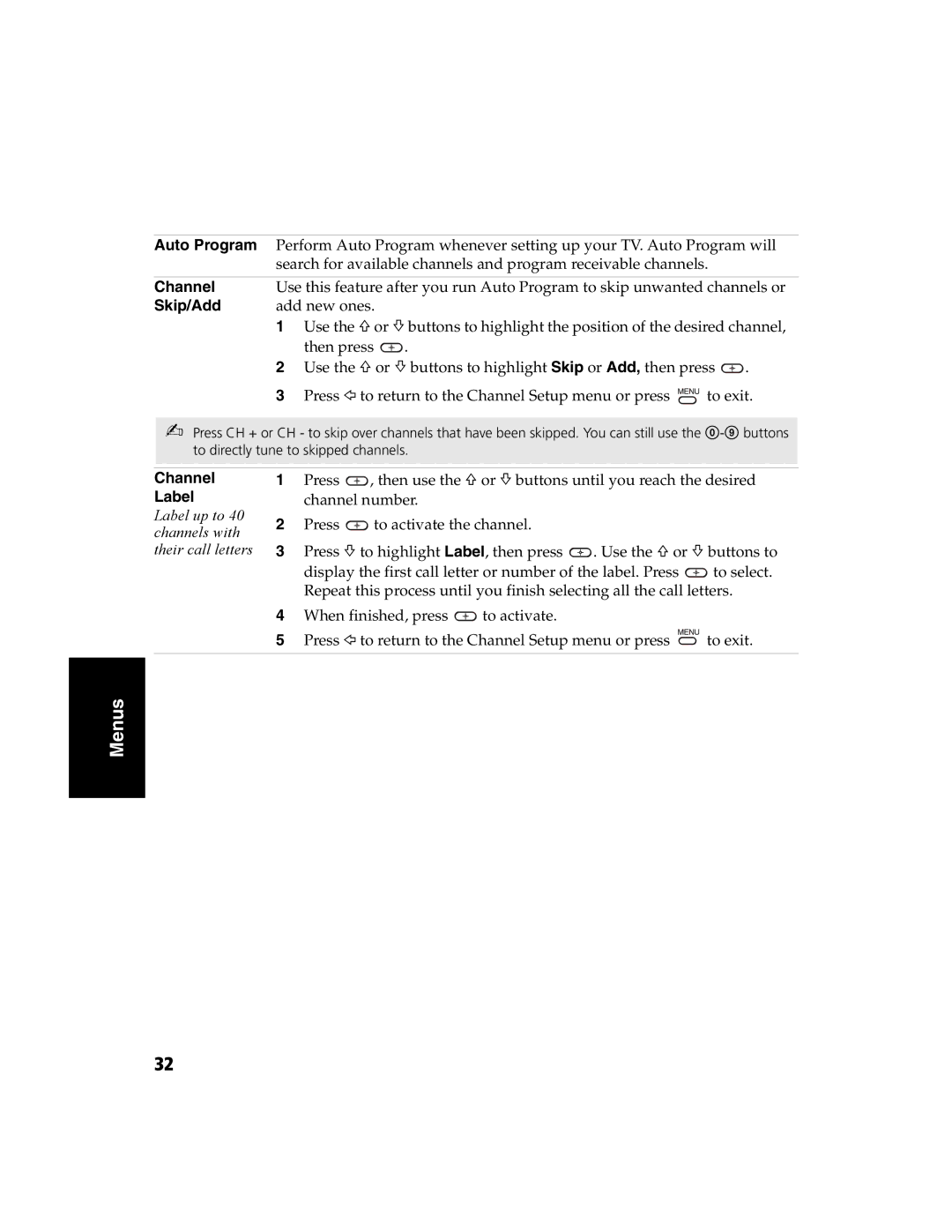 Sony KV-32FS120 manual Auto Program, Skip/Add, Channel Label 