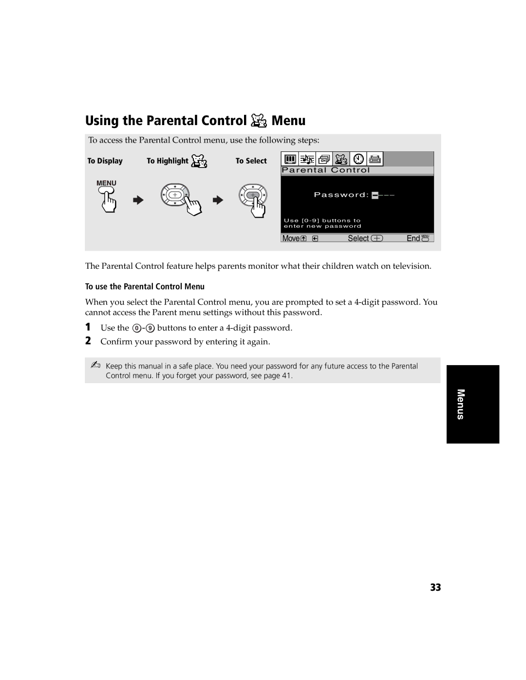 Sony KV-32FS120 manual Using the Parental Control Menu, Move Select, To use the Parental Control Menu 