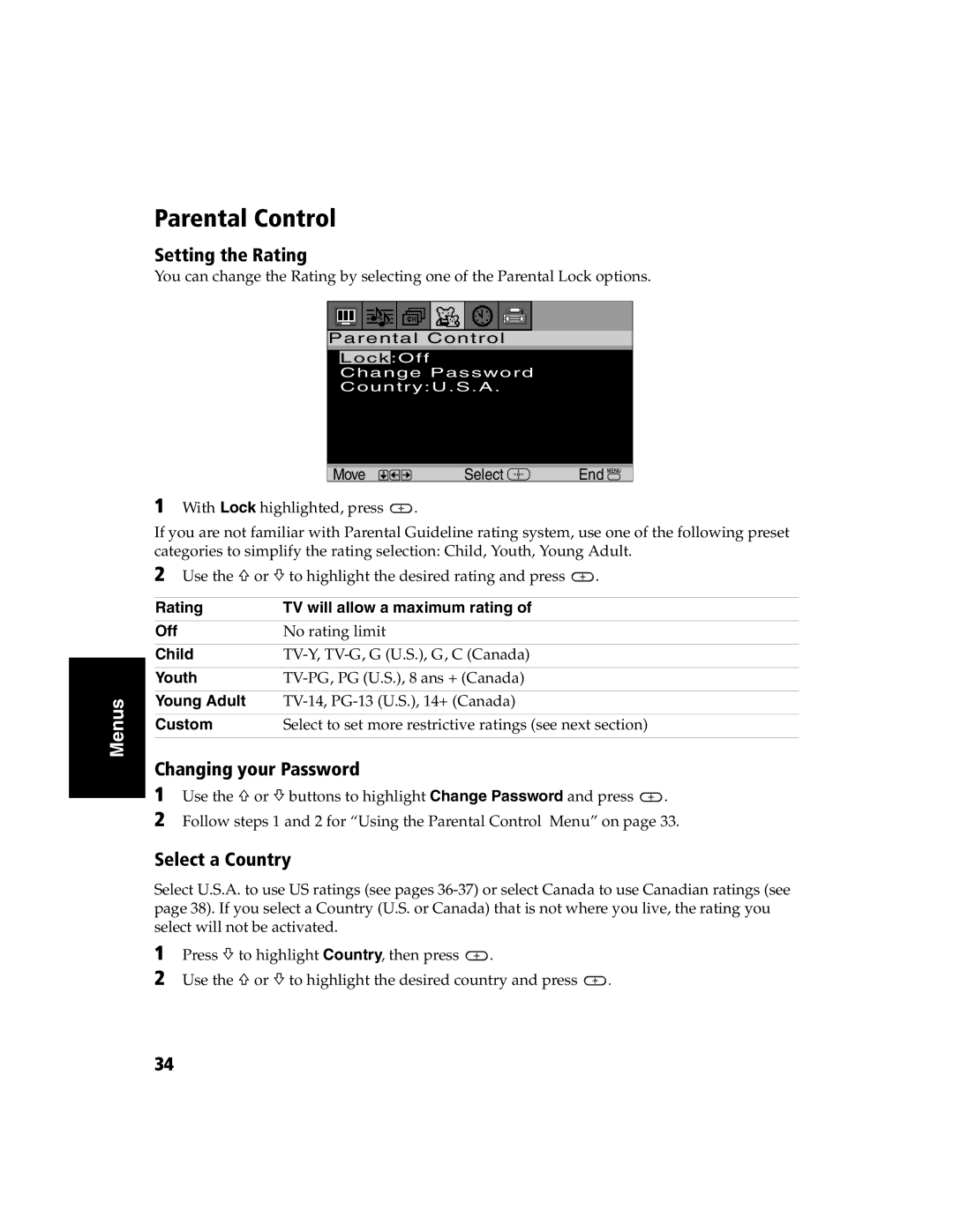 Sony KV-32FS120 manual Parental Control, Setting the Rating, Changing your Password, Select a Country 