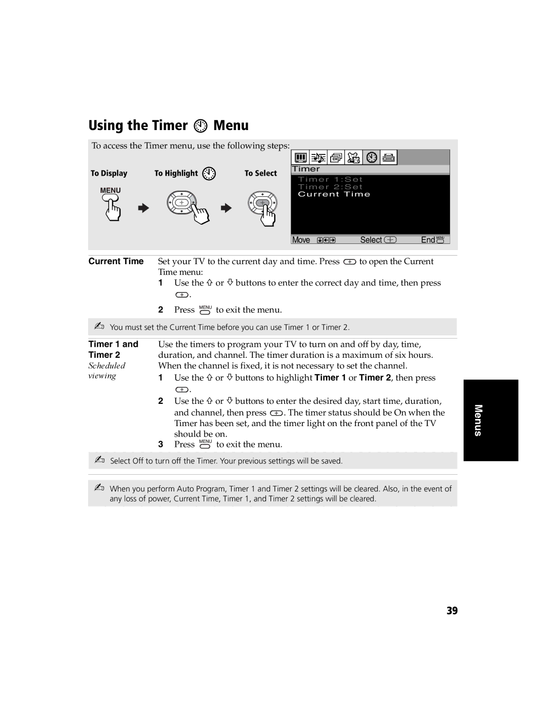 Sony KV-32FS120 manual Using the Timer Menu, Timer 1 