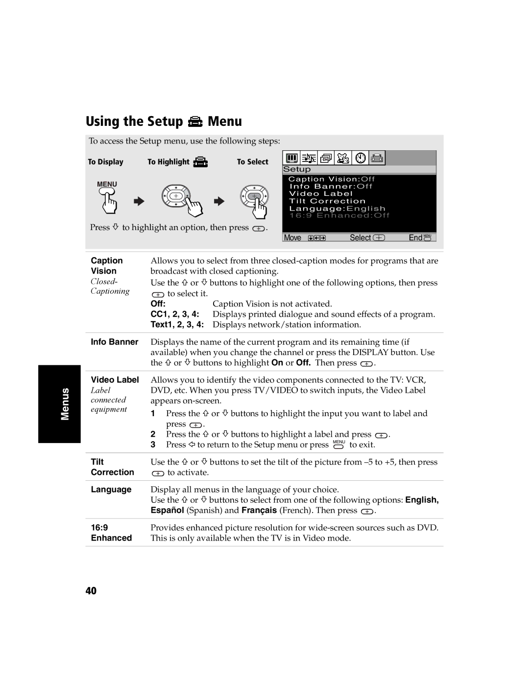 Sony KV-32FS120 manual Using the Setup Menu 