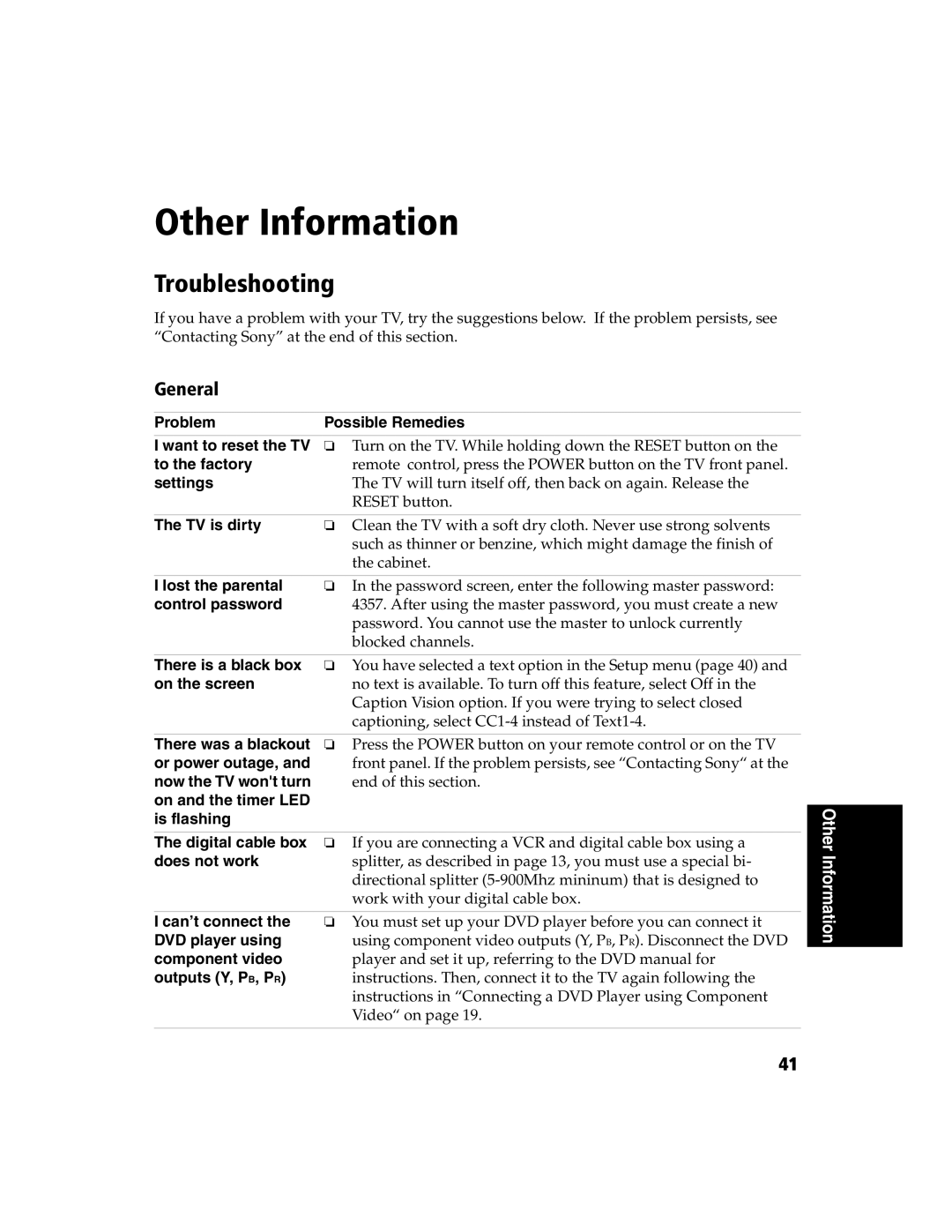 Sony KV-32FS120 manual Other Information, Troubleshooting, General 